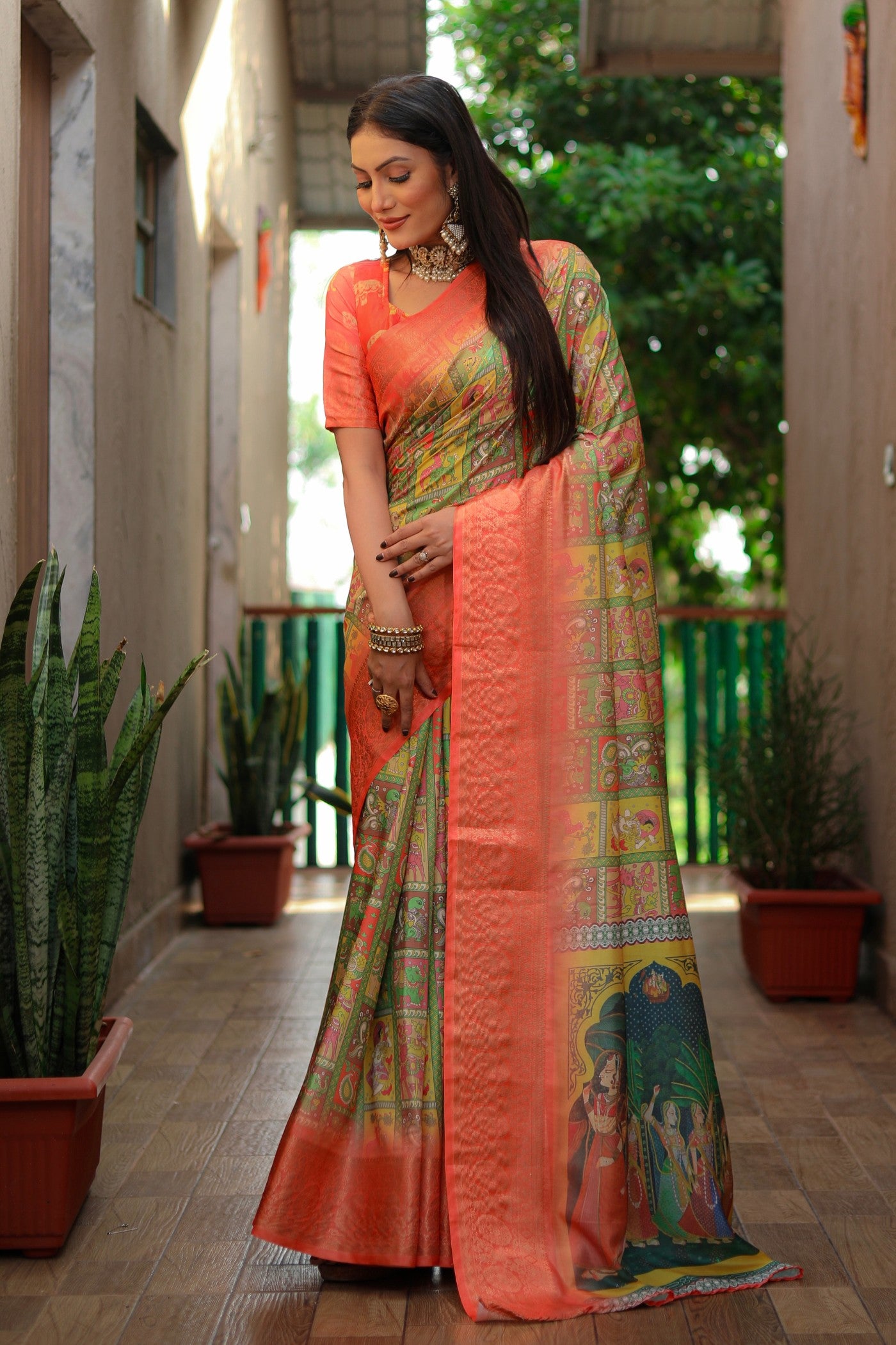 Buy MySilkLove Sun Yellow and Orange Digital Printed Kalamkari Saree Online