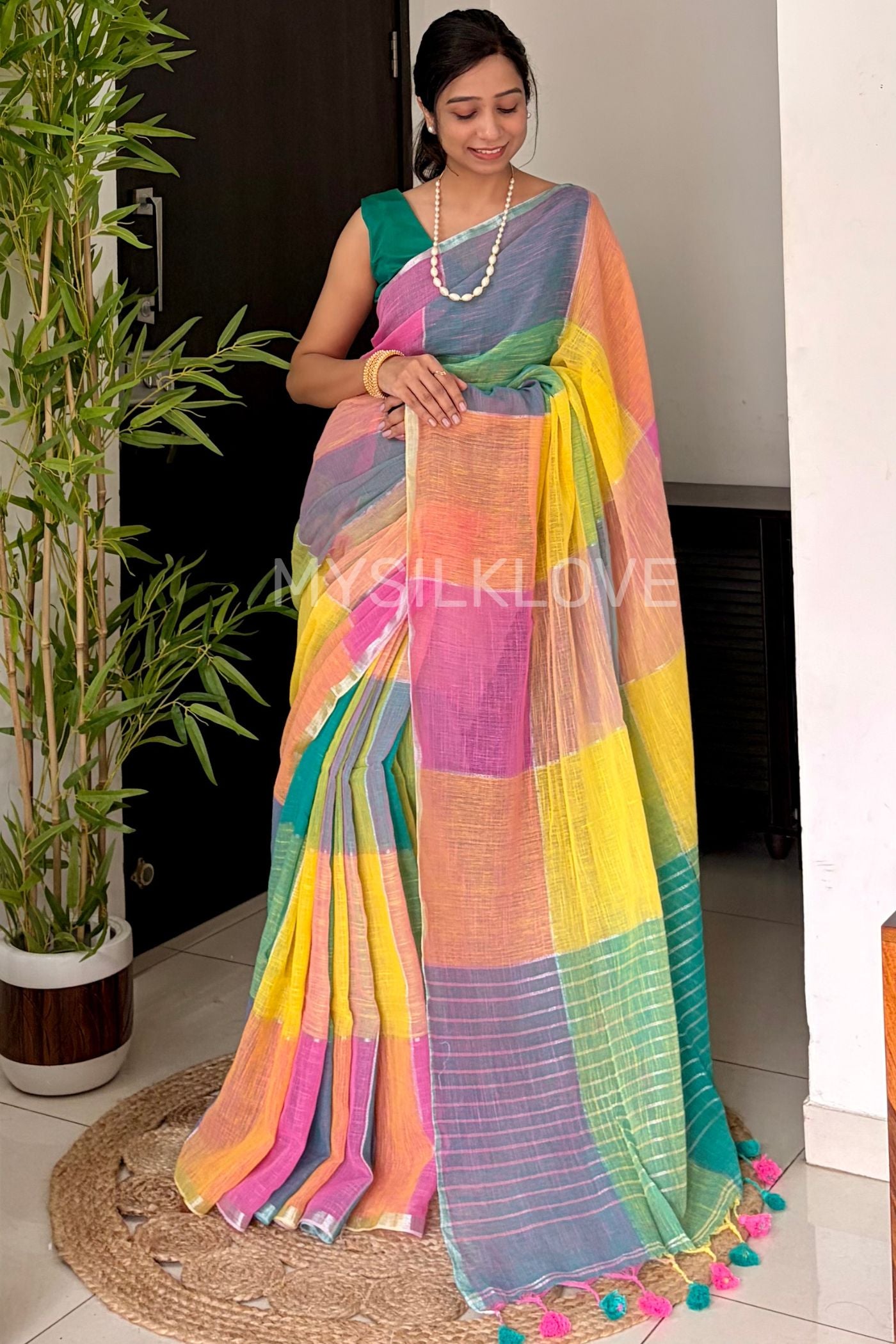Buy MySilkLove Multicolor Yellow Checks Pattern Pure Linen Cotton Saree Online