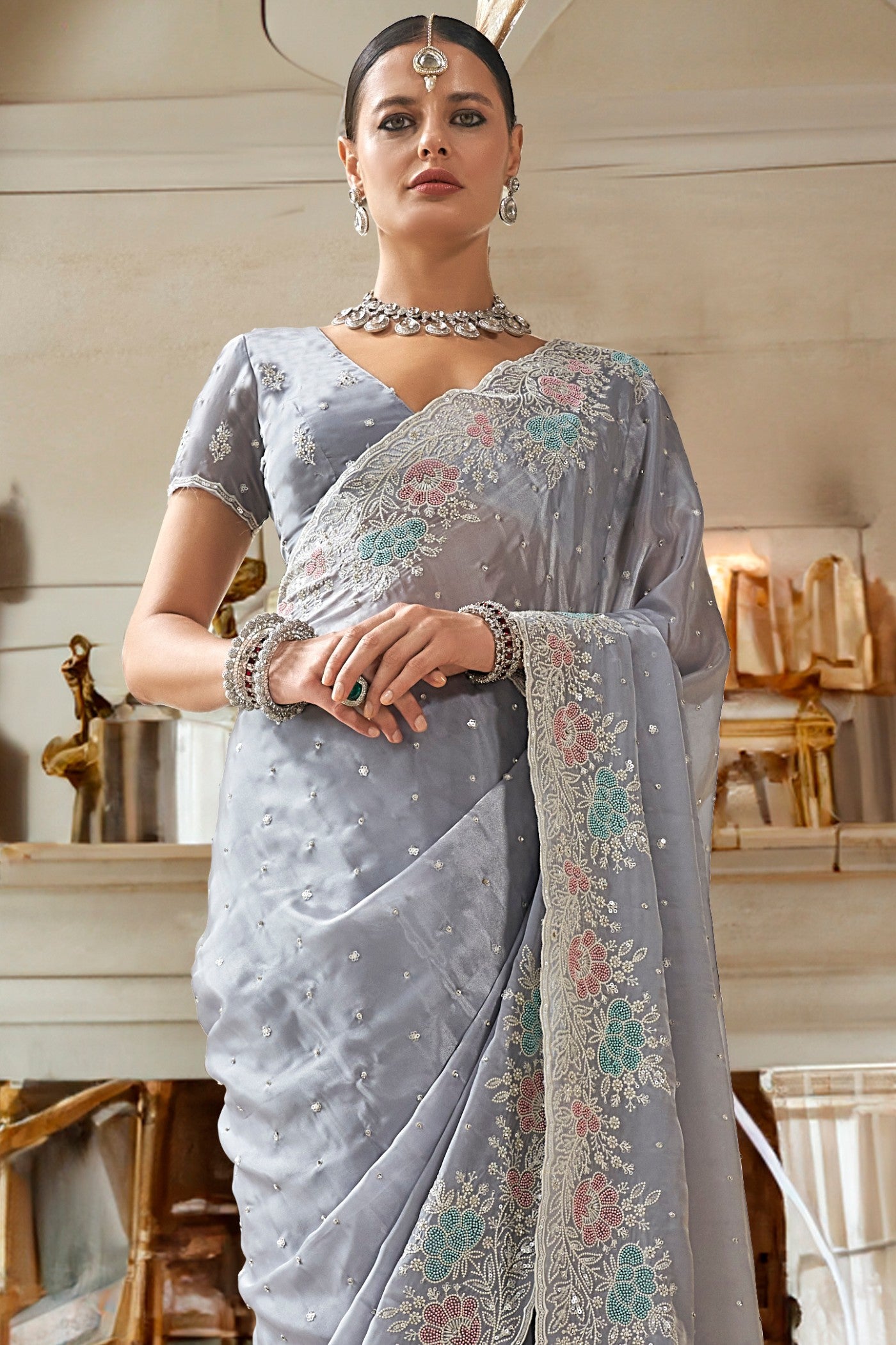 Buy MySilkLove Silver Grey Embroidery Designer Saree Online