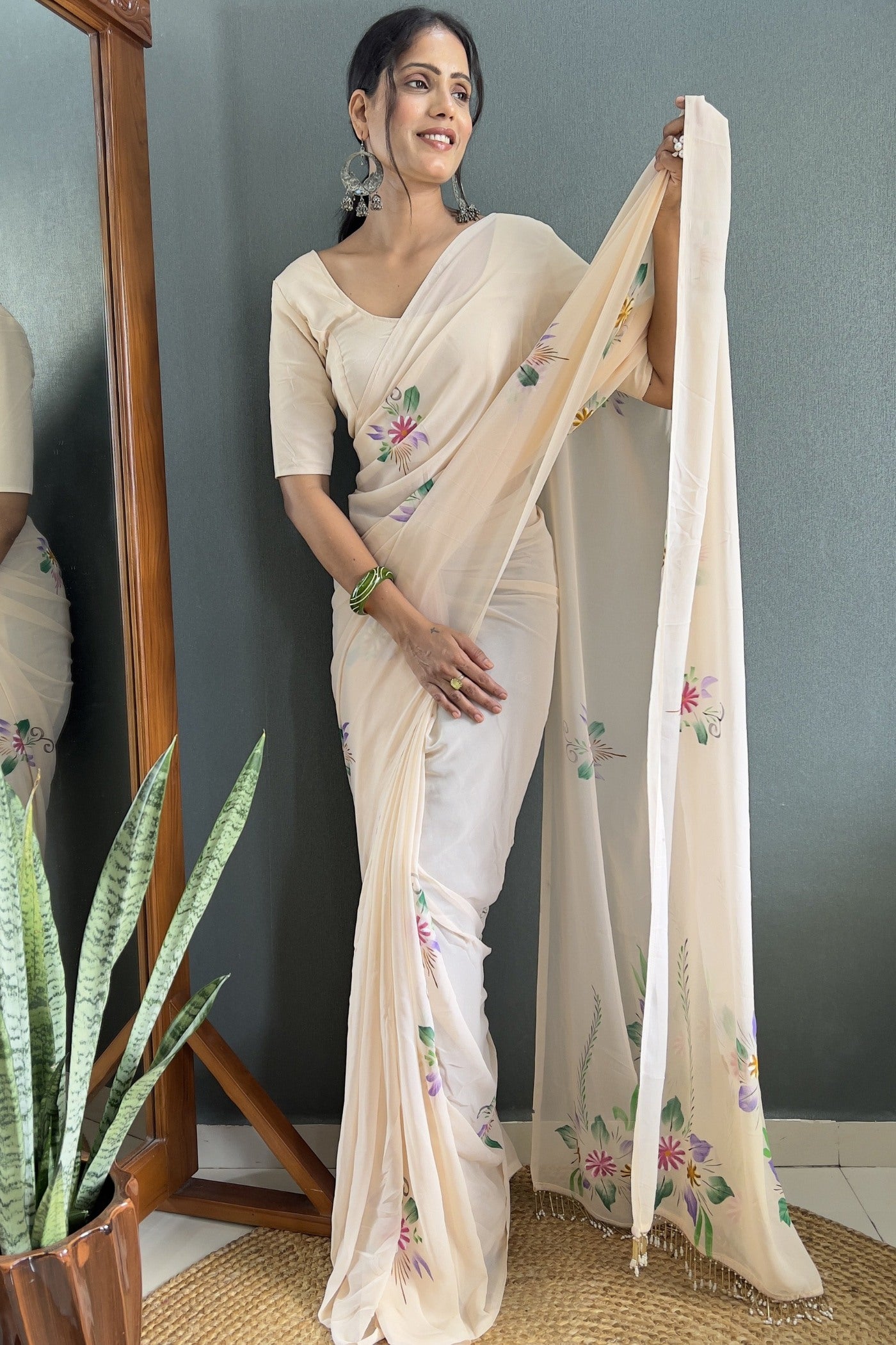 Buy MySilkLove White Rose Hand Painted Georgette Saree Online