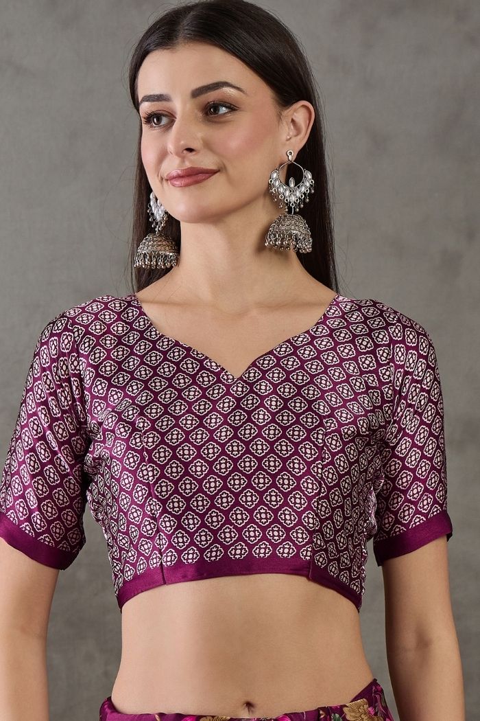 Buy MySilkLove Cosmic Purple Stripe Printed Floral Satin Gaji Silk Saree Online