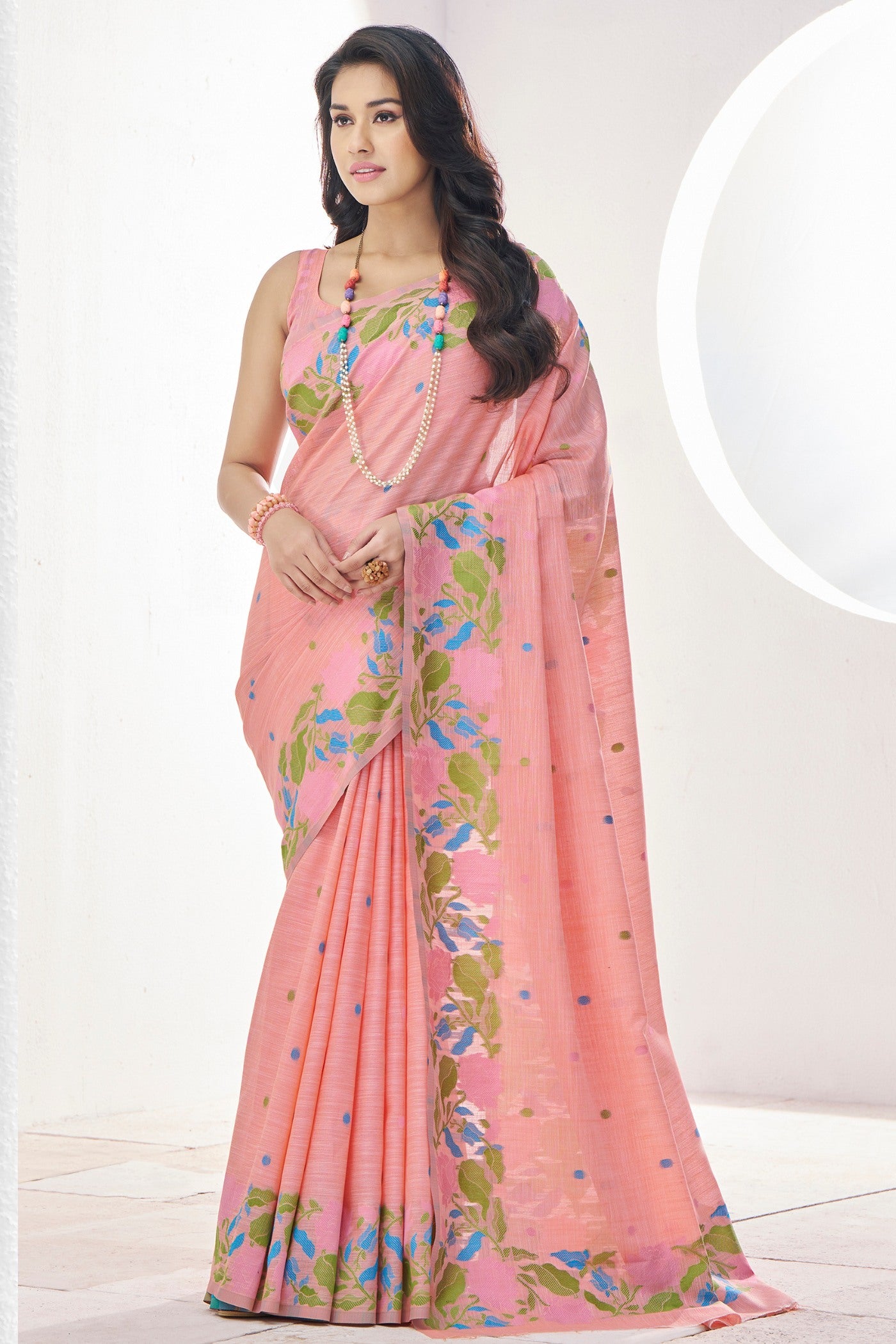 Buy MySilkLove Copper Peach Printed Linen Saree Online