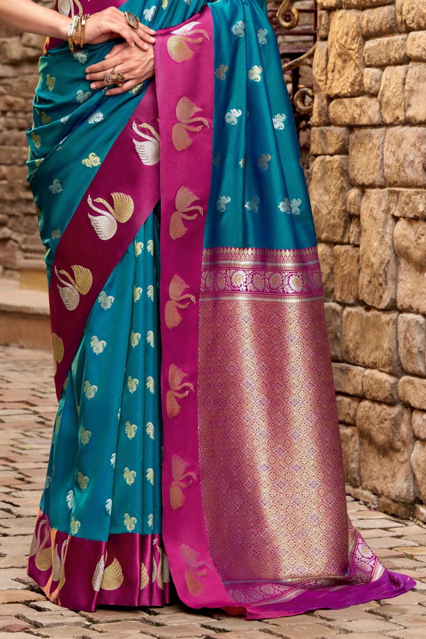 Buy MySilkLove Trypan Blue Woven Satin Soft Silk Saree Online