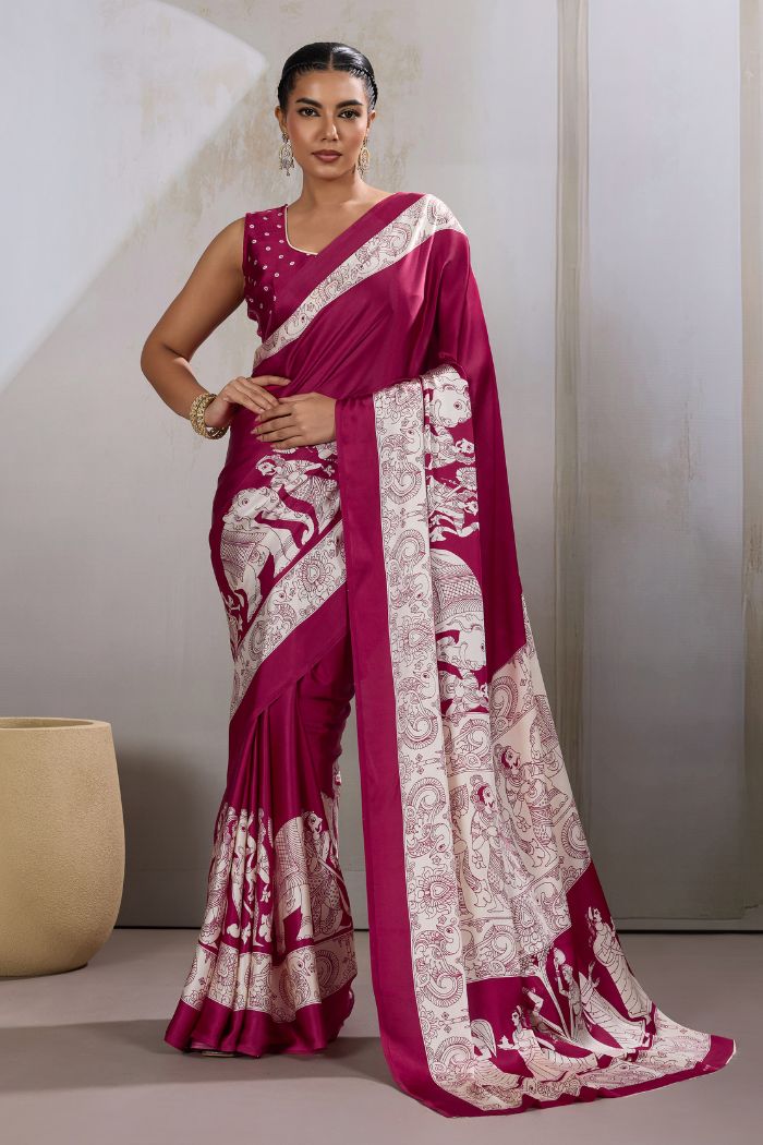 Buy MySilkLove Cherry Maroon Modal Ajrakh Printed Satin Silk Saree Online
