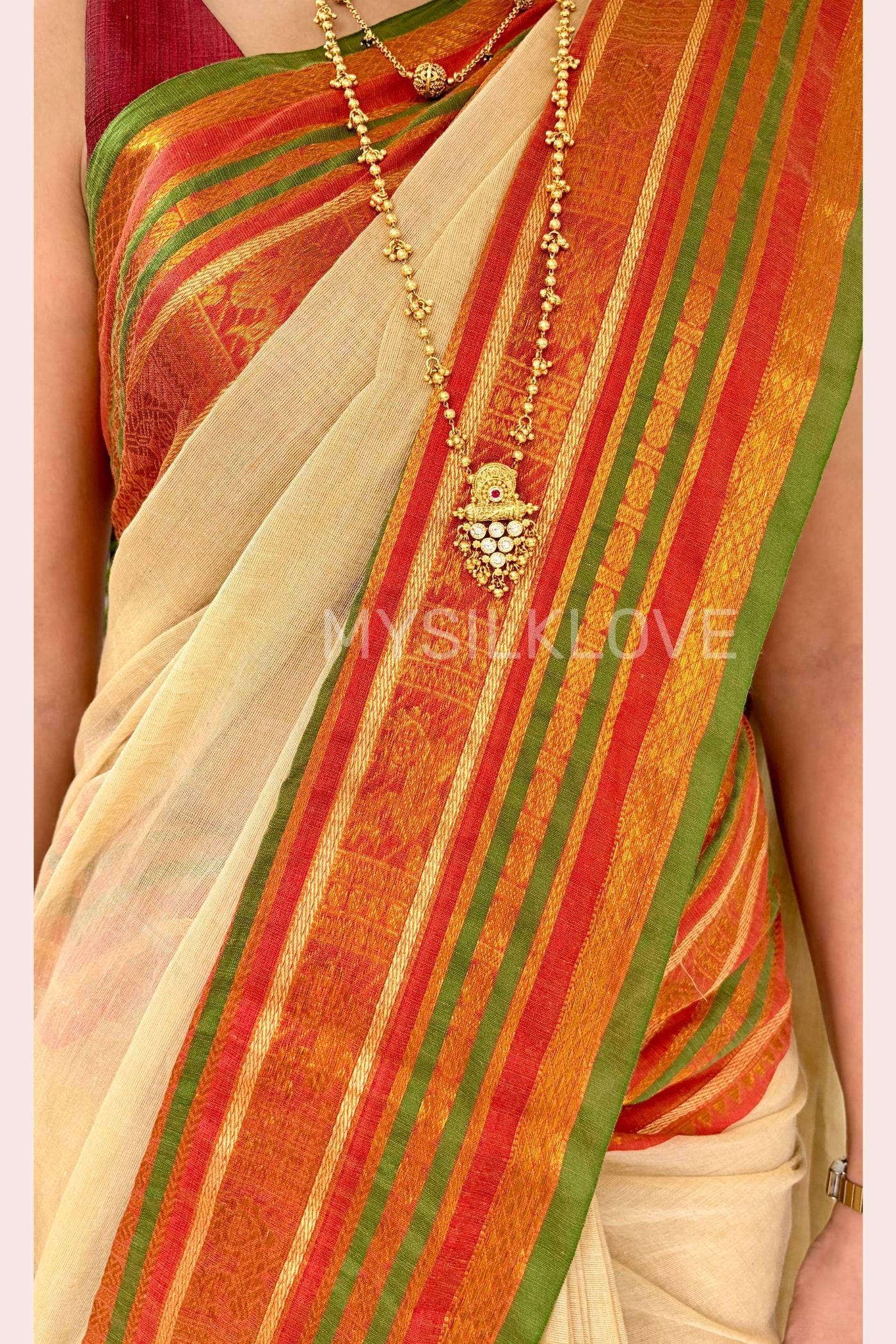 Buy MySilkLove Pistachio Cream Mul Mul Cotton Kanchi Border Kanchipuram Saree Online