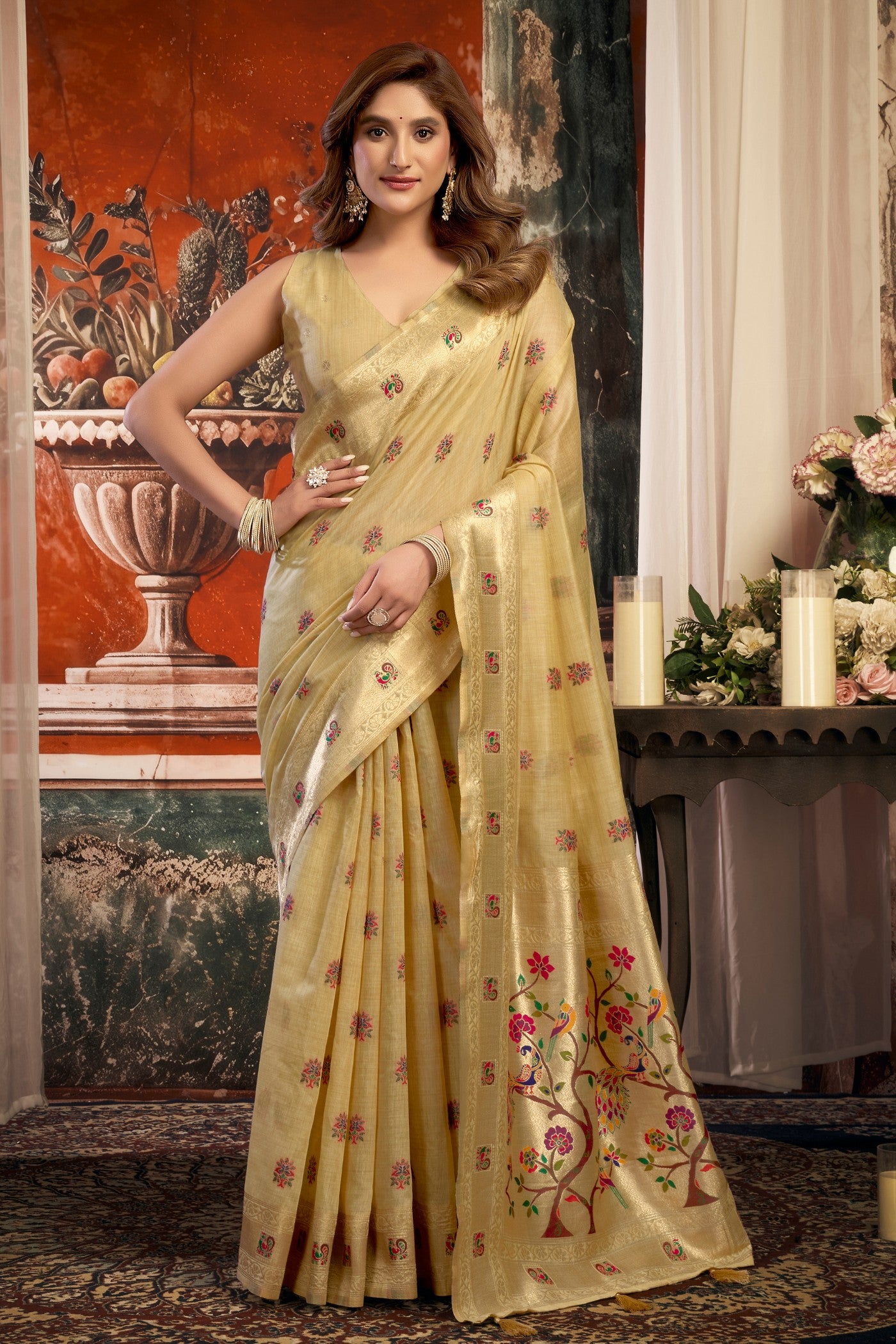 Buy MySilkLove Bone Cream Zari Woven Paithani Saree Online