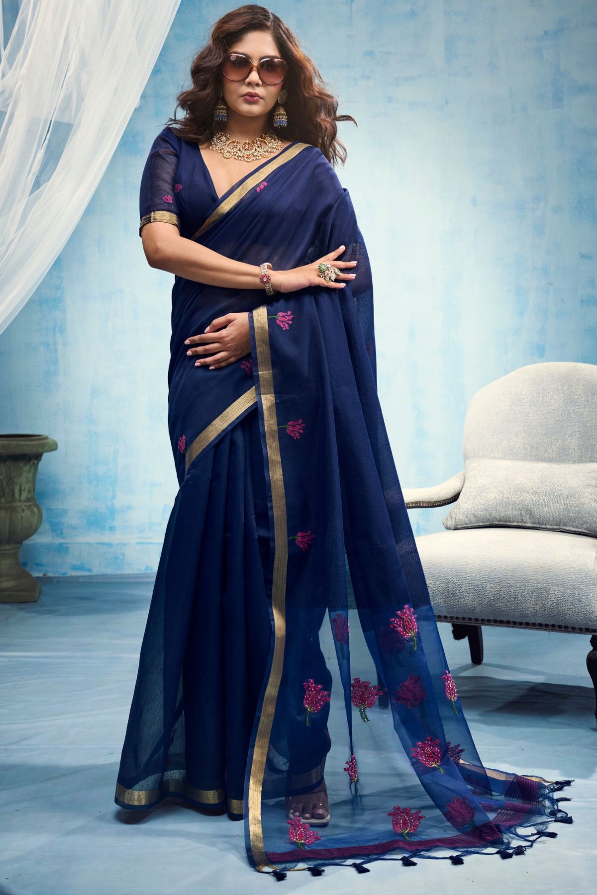 Buy MySilkLove Navy Blue Munga Handloom Cotton Saree Online