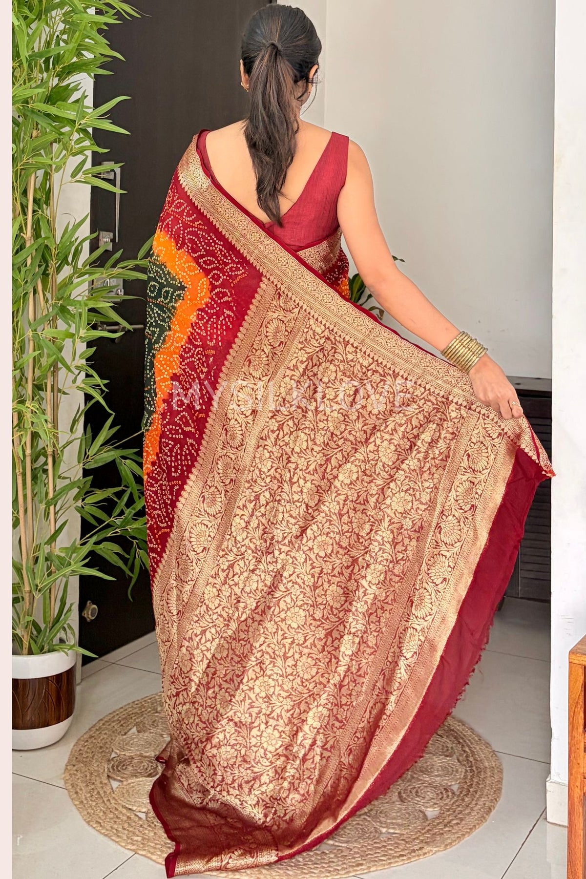 Buy MySilkLove Forest Green and Red Bandhani Zari Woven Silk Saree Online