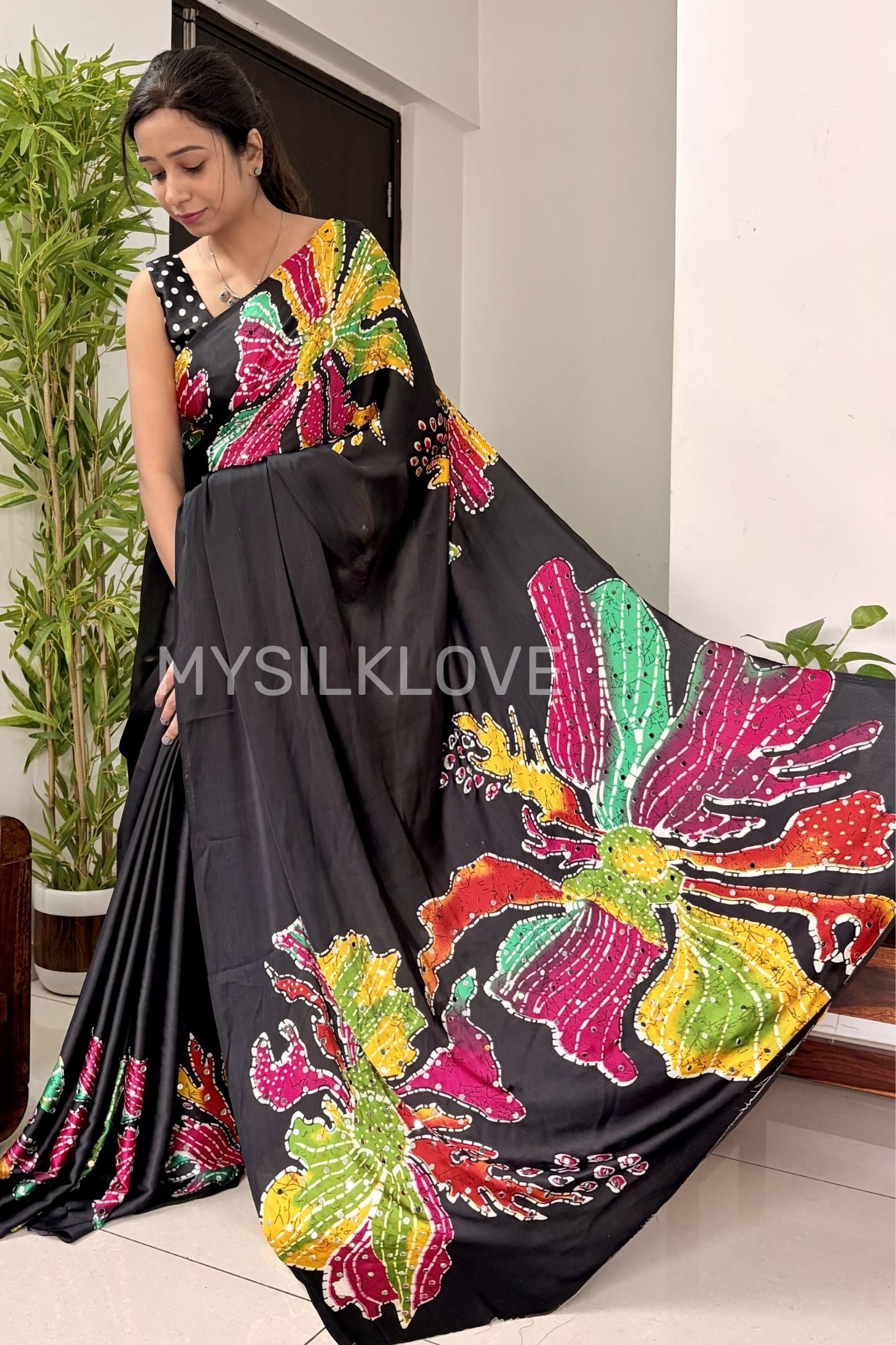 MySilkLove Midnight Black Bloom Floral Partywear Satin Silk Saree