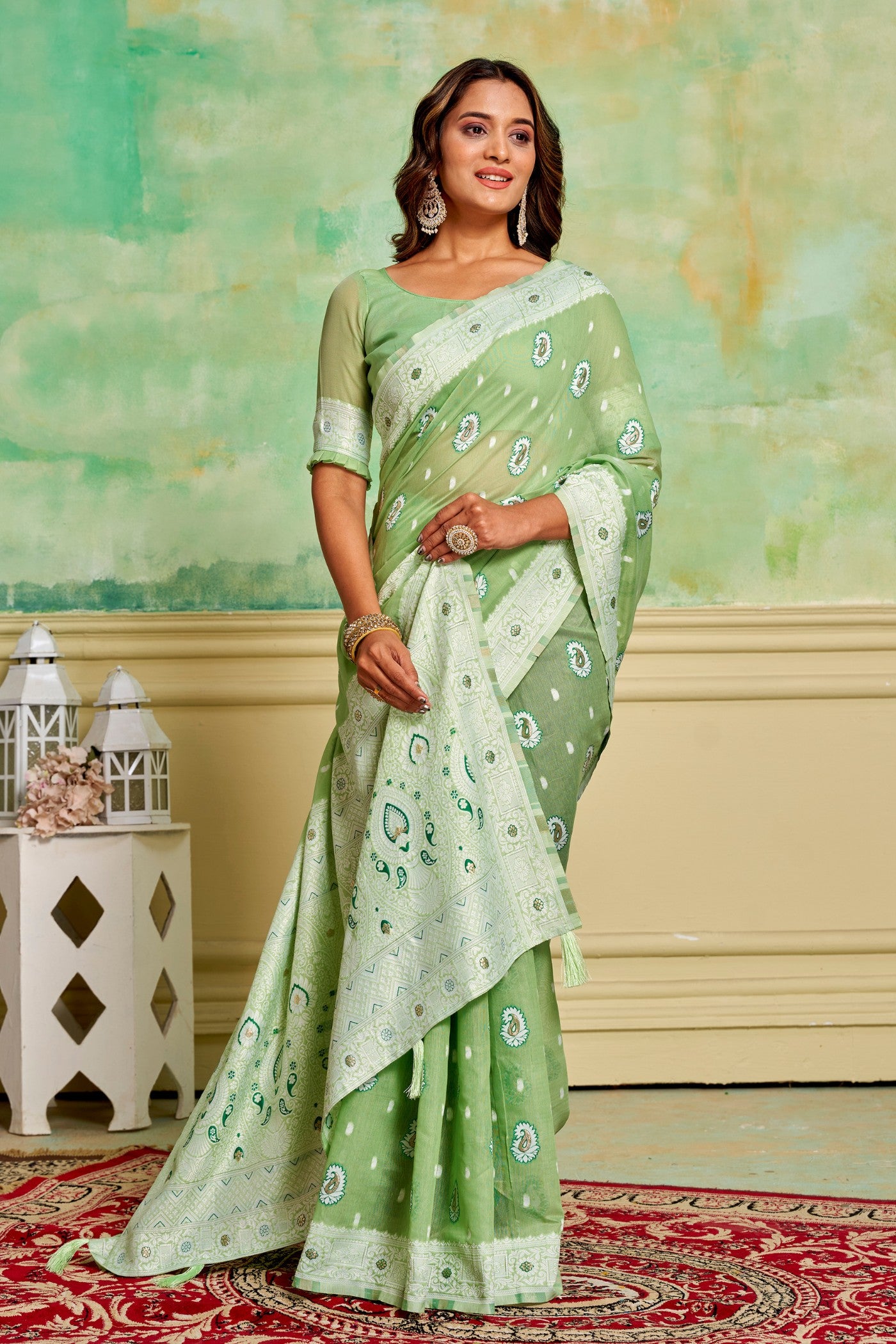 Buy MySilkLove Swamp Green Woven Cotton Saree Online