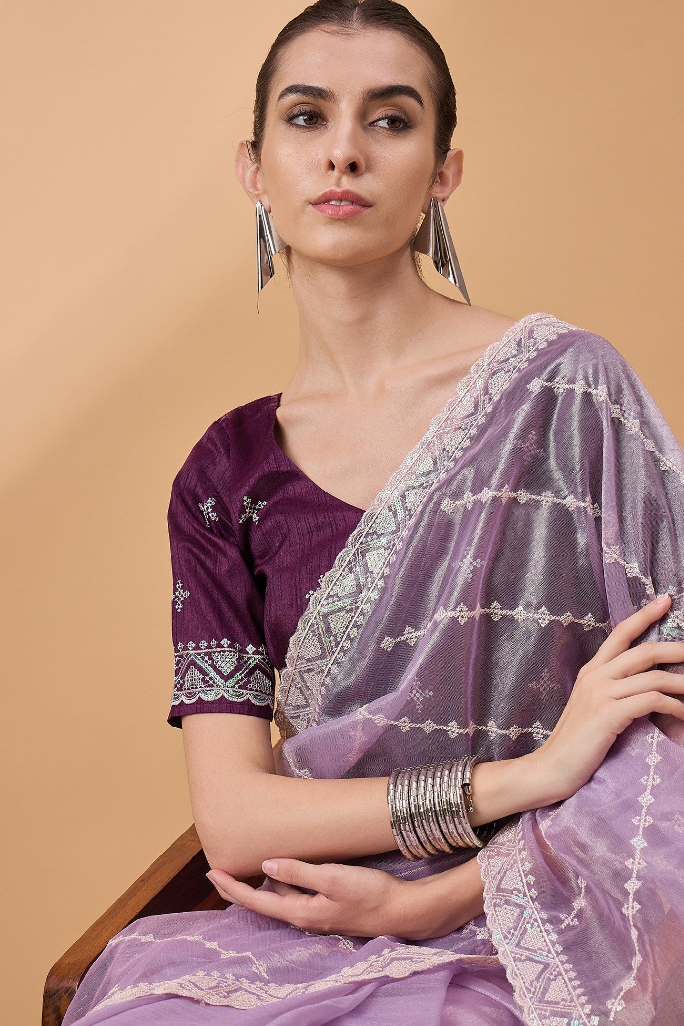 Buy MySilkLove Mountbatten Purple Organza Partywear Saree Online