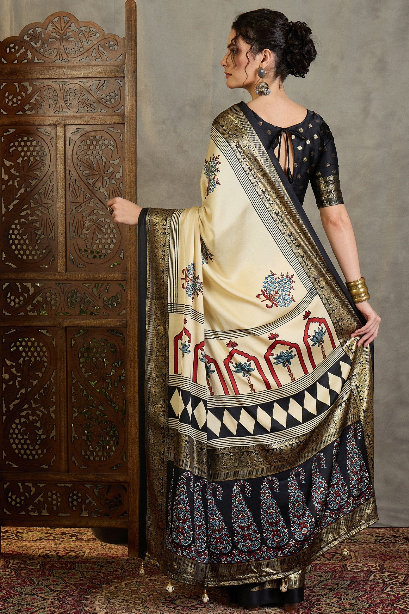 Buy MySilkLove Wheat Cream and Black Printed Satin Crepe Silk Saree Online