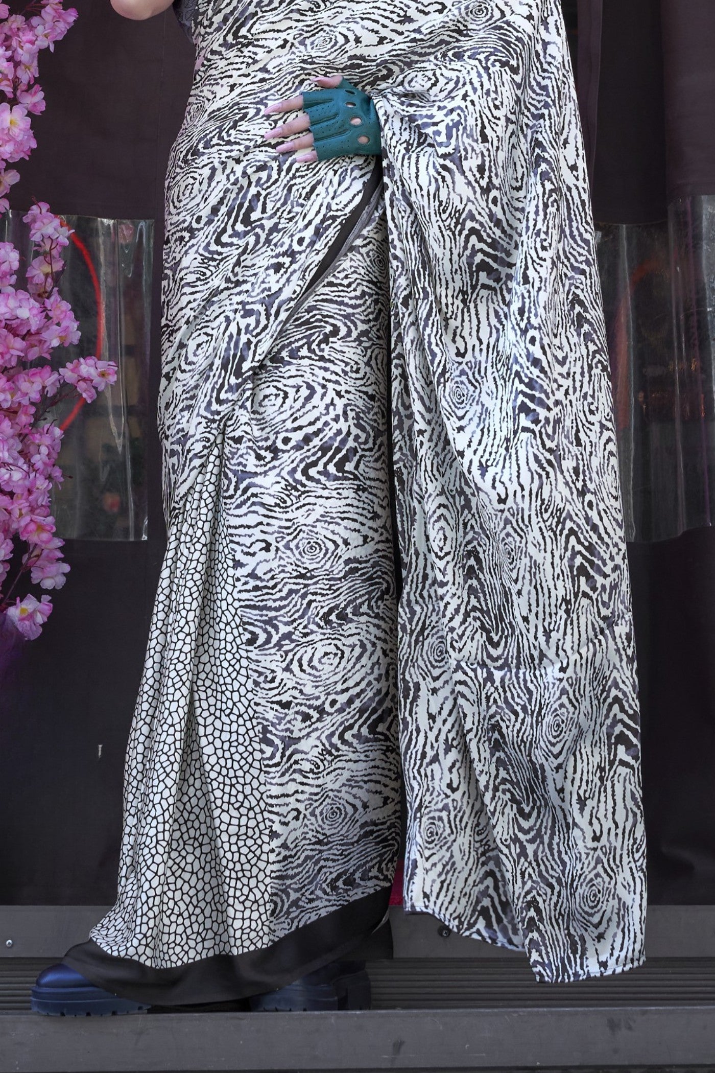 Buy MySilkLove Zebra Gery Printed Satin Crepe Silk Saree Online