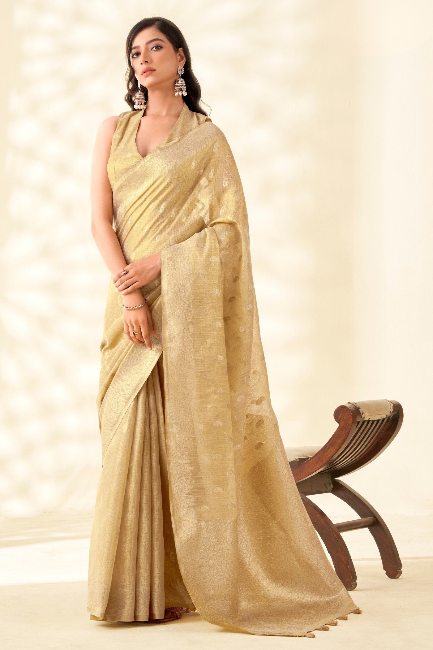 Buy MySilkLove Oyster Cream Woven Tissue Linen Saree Online