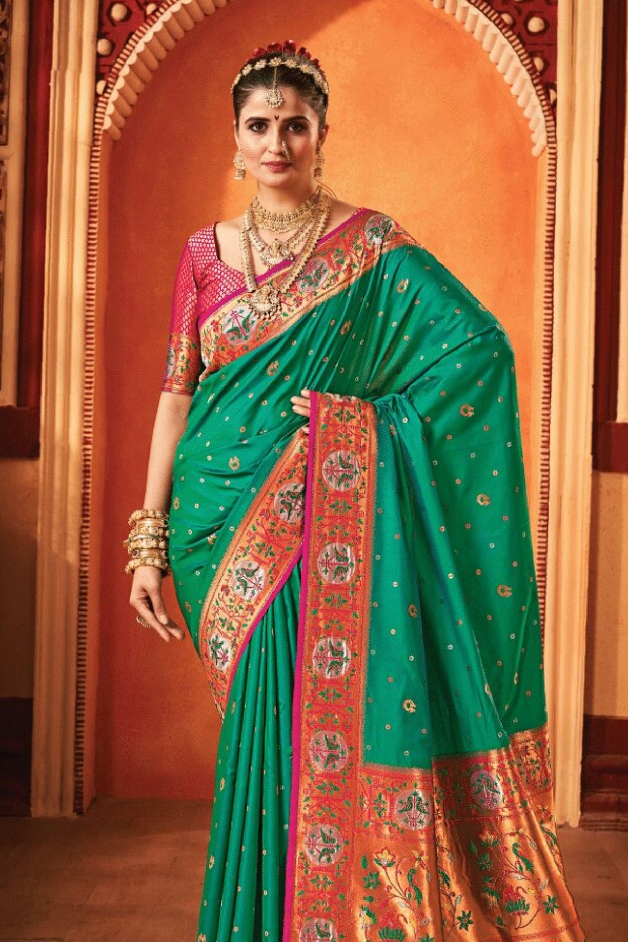 Buy MySilkLove Eucalyptus Green Woven Paithani Saree Online