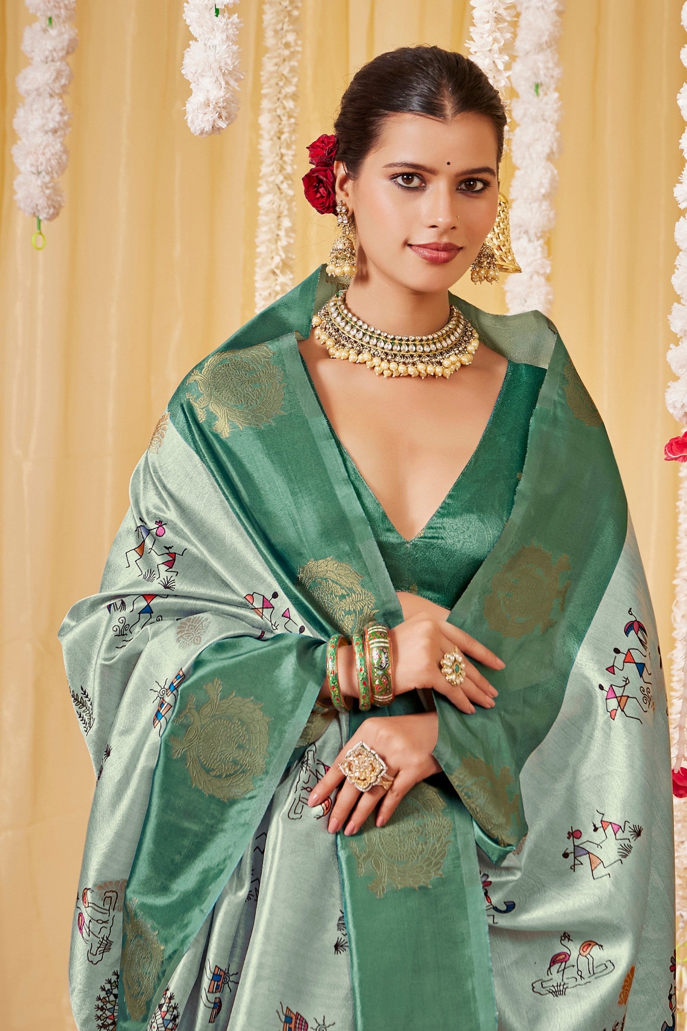 Buy MySilkLove Mist Green Kalamkari Printed Saree Online