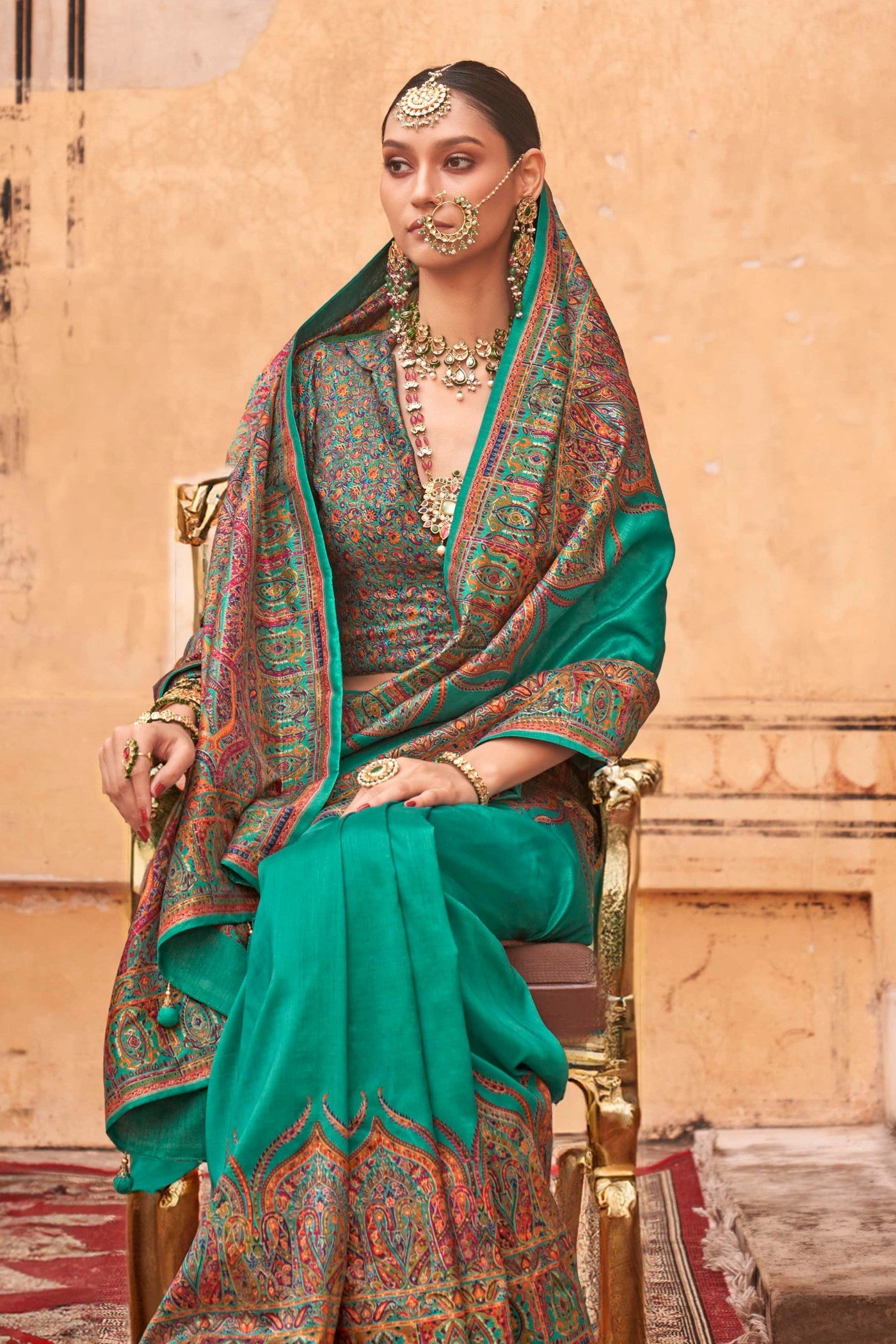 Buy MySilkLove Surfie Green Printed Jamawar Saree Online