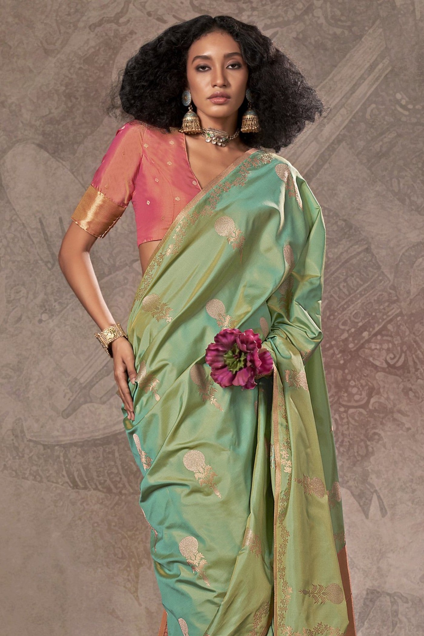 Buy MySilkLove Pickle Green Two Tone Banarasi Handloom Saree Online