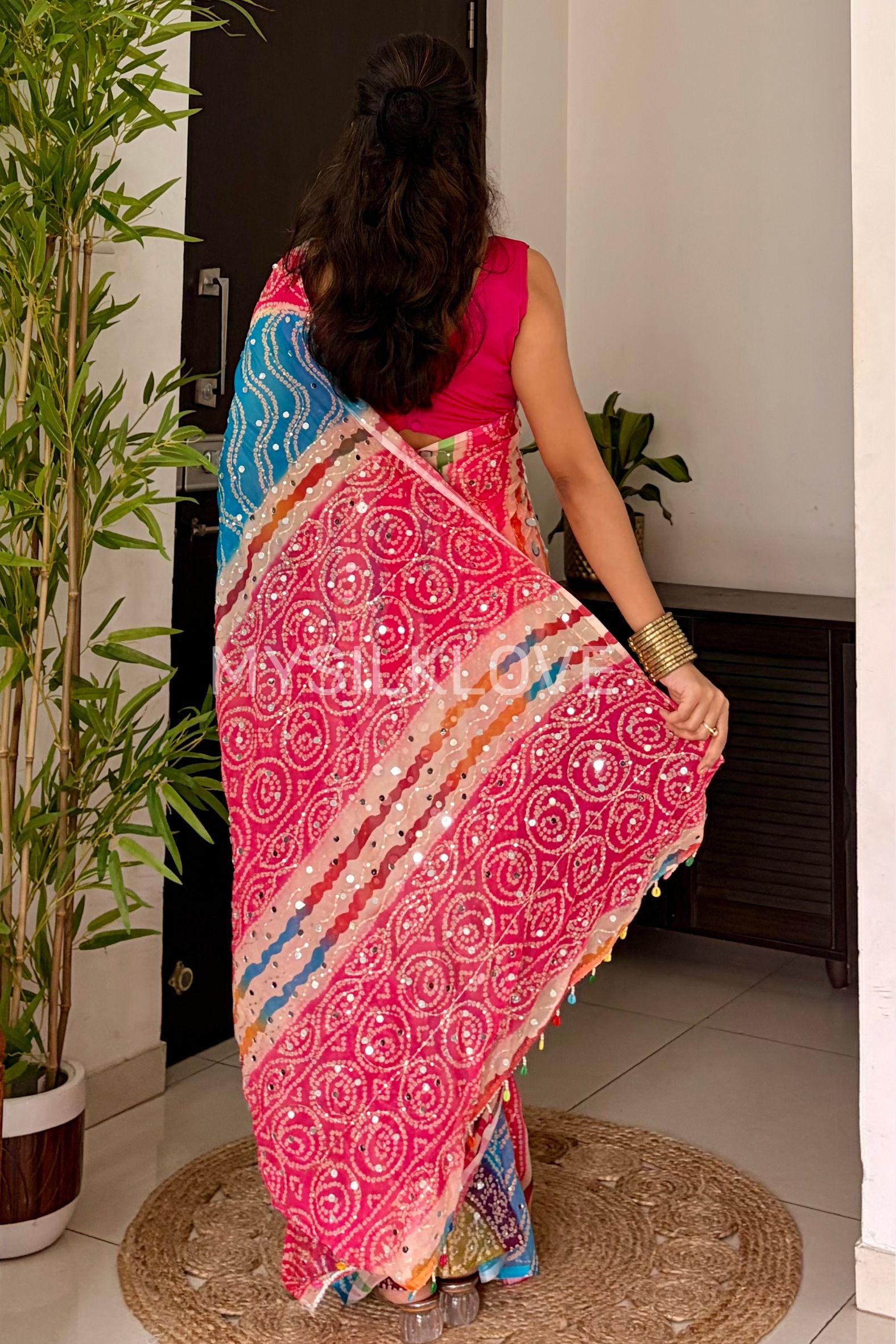Buy MySilkLove Zareen Khan Inspired:  Pink and Blue Pure Georgette Mirror Work Saree Online