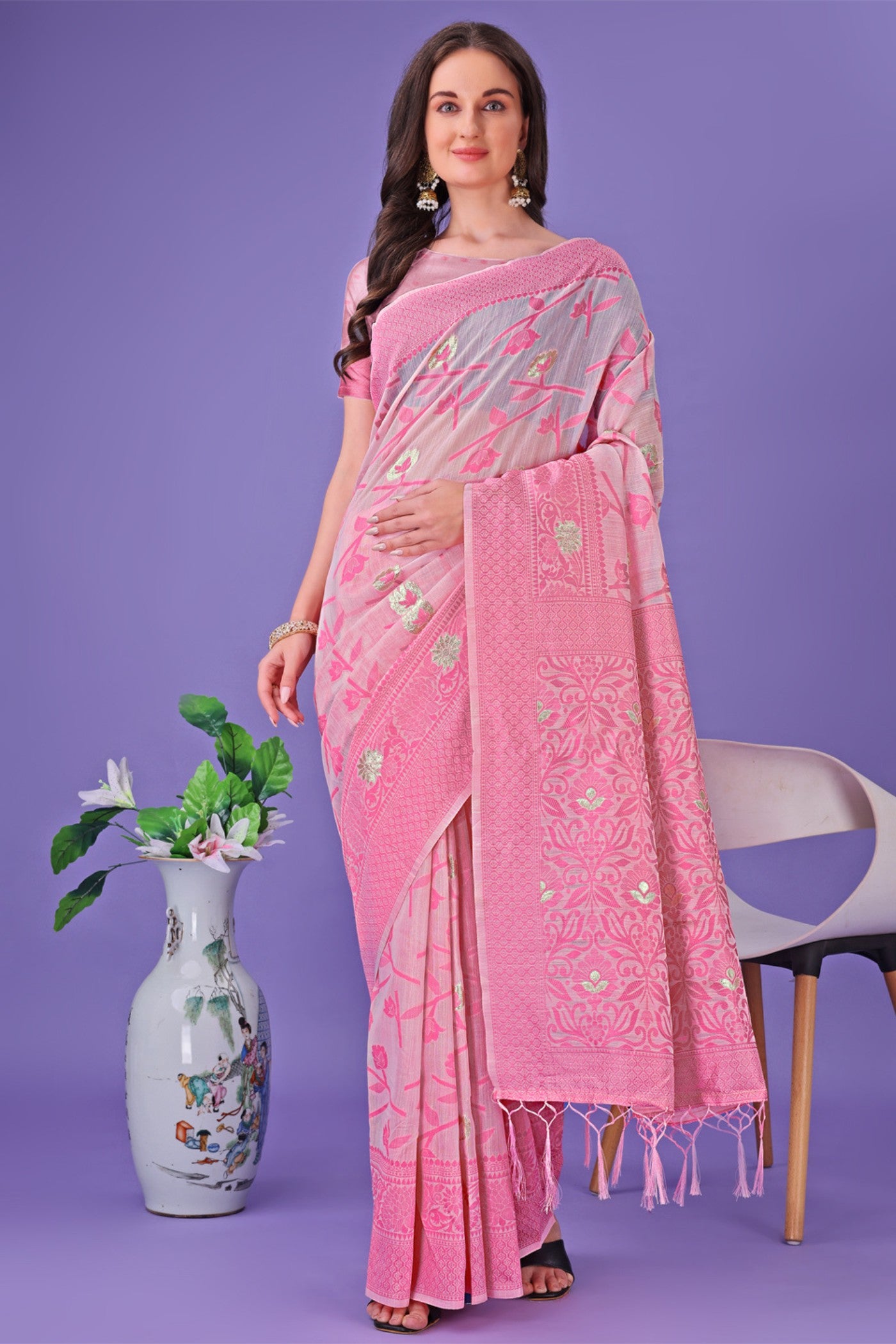 Buy MySilkLove Baby Pink Linen Cotton Saree Online