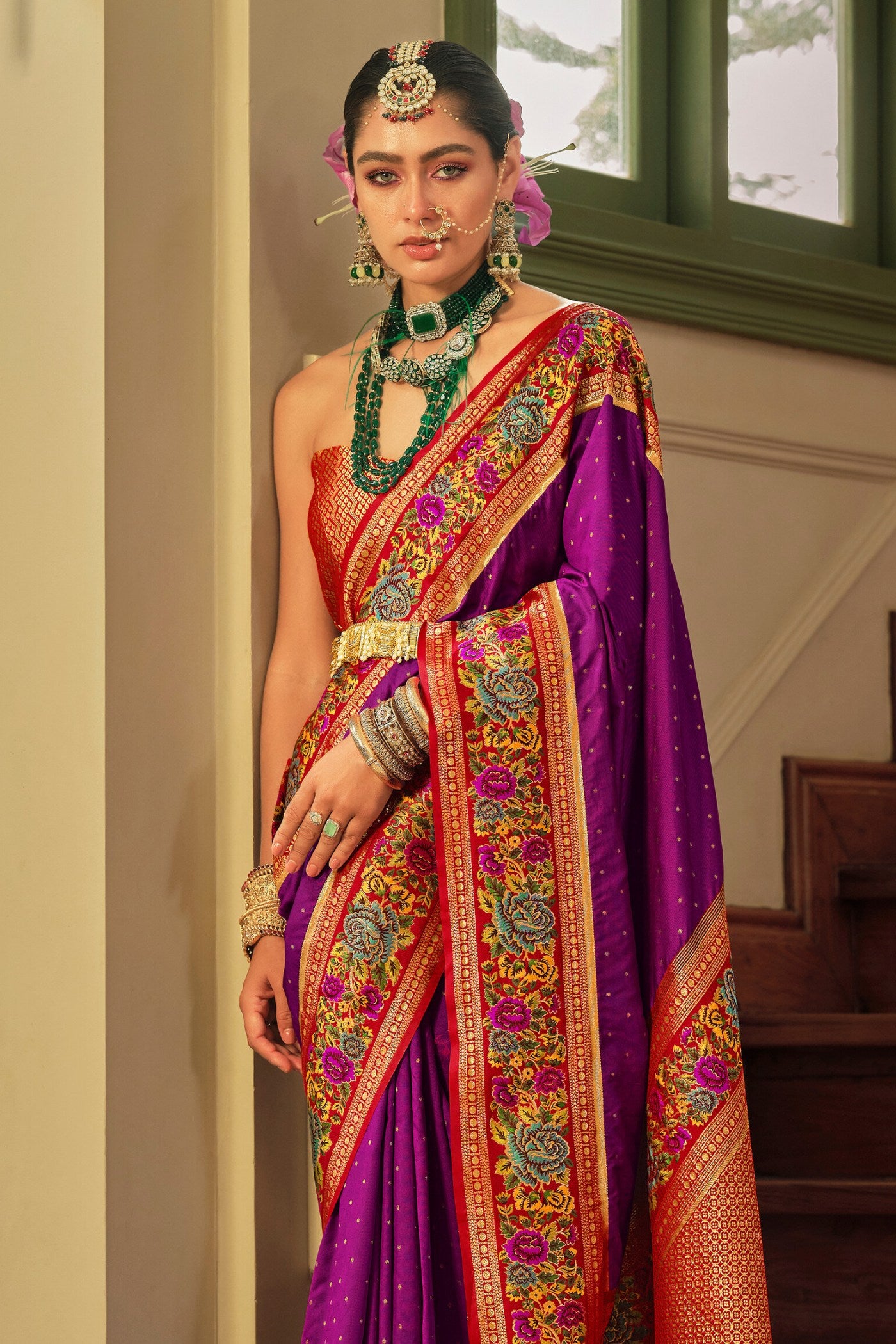 Buy MySilkLove Rose Bud Cherry Purple Printed Banarasi Saree Online