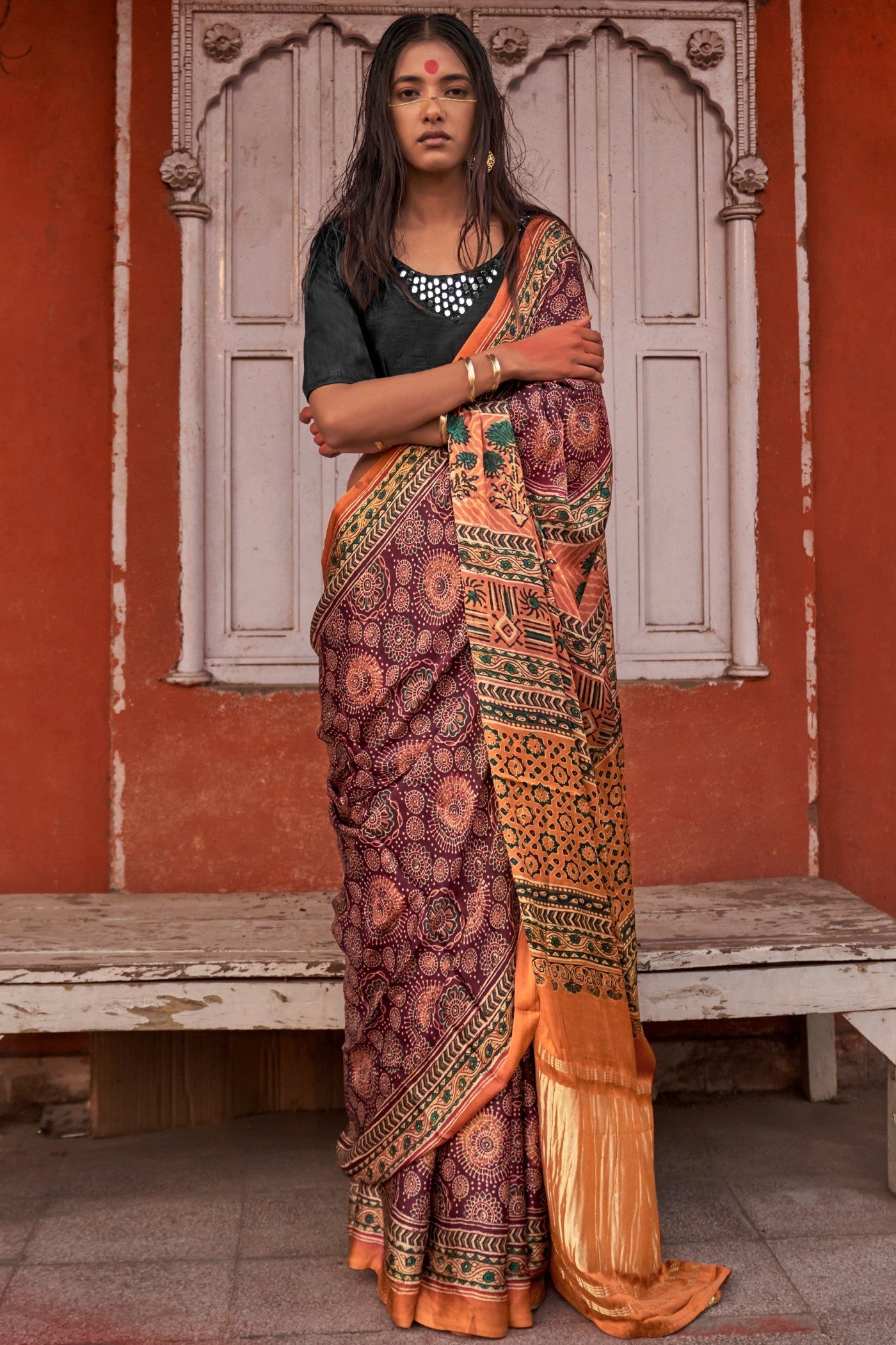 Buy MySilkLove Coca Brown and Orange Ajrakh Handprinted Satin Saree Online