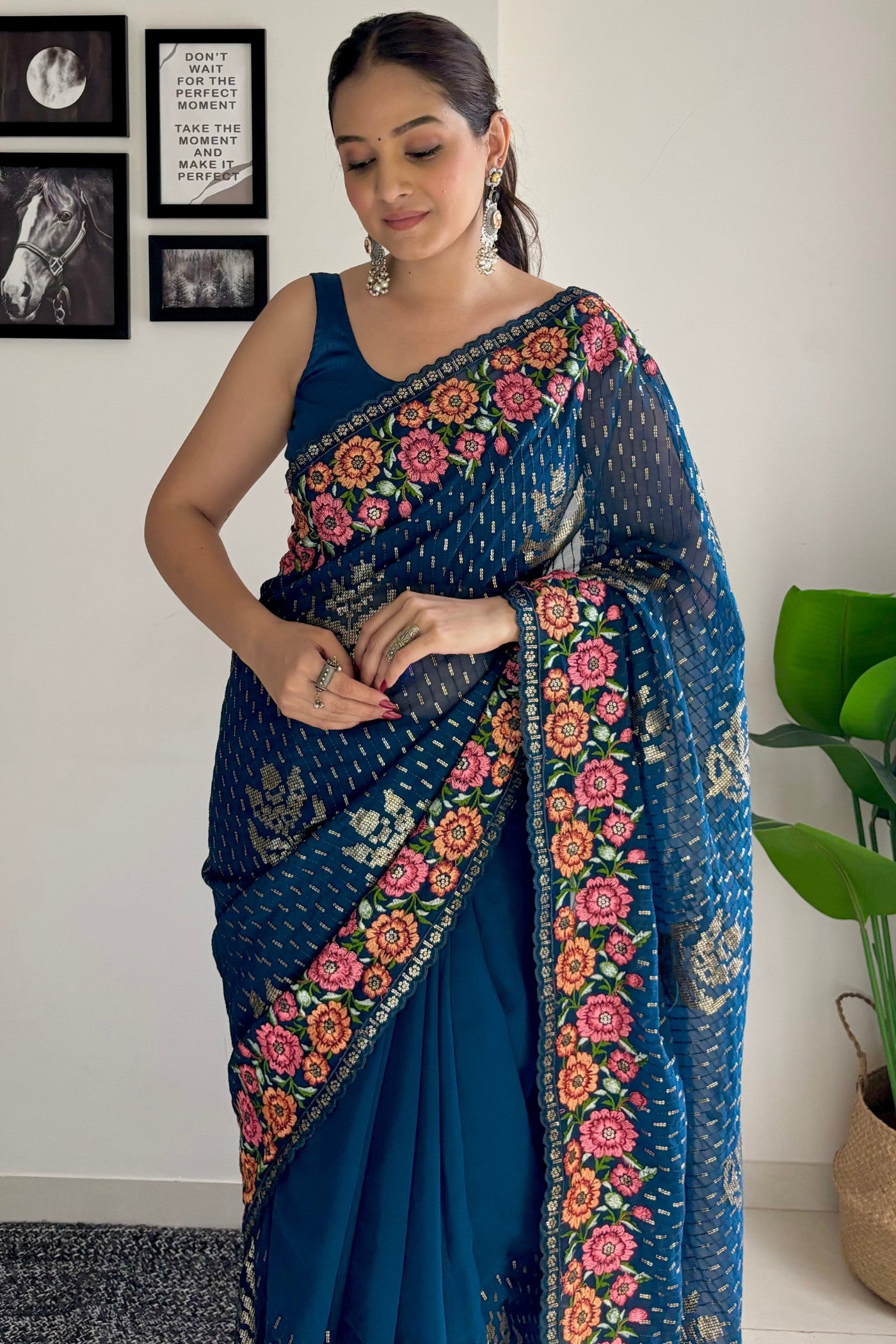 Buy MySilkLove Teal Blue Embroidery Designer Georgette Saree Online