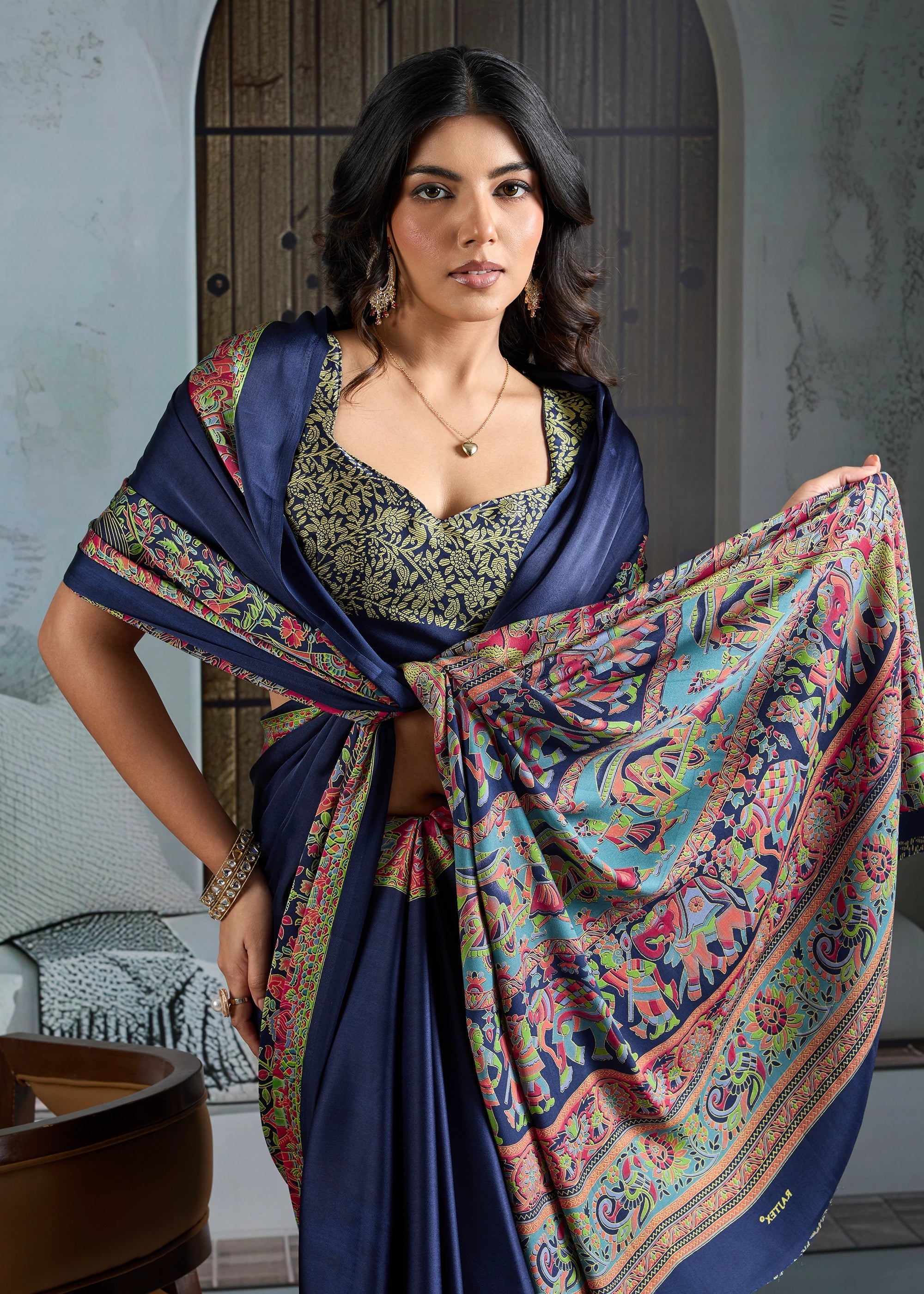MySilkLove Vivid Blue Printed Satin Crepe Silk Saree