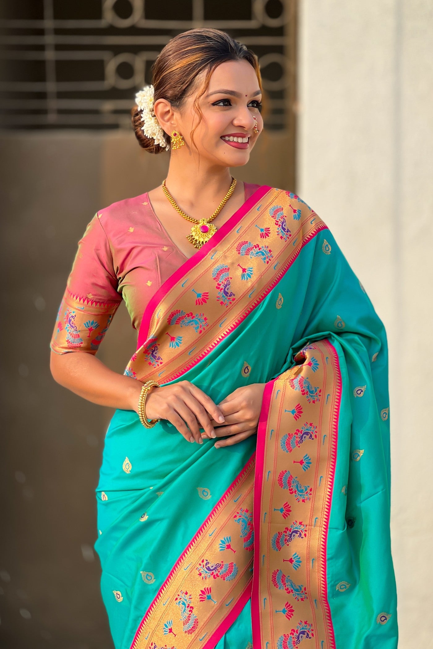 Buy MySilkLove Bright Turquoise Blue Woven Lotus Paithani Saree Online