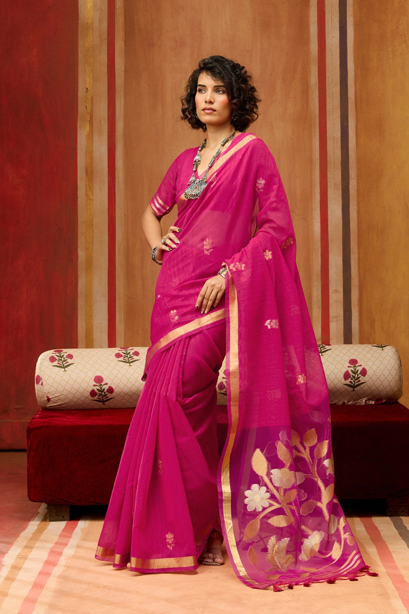 Buy MySilkLove Baby Pink Handloom Munga Cotton Saree Online