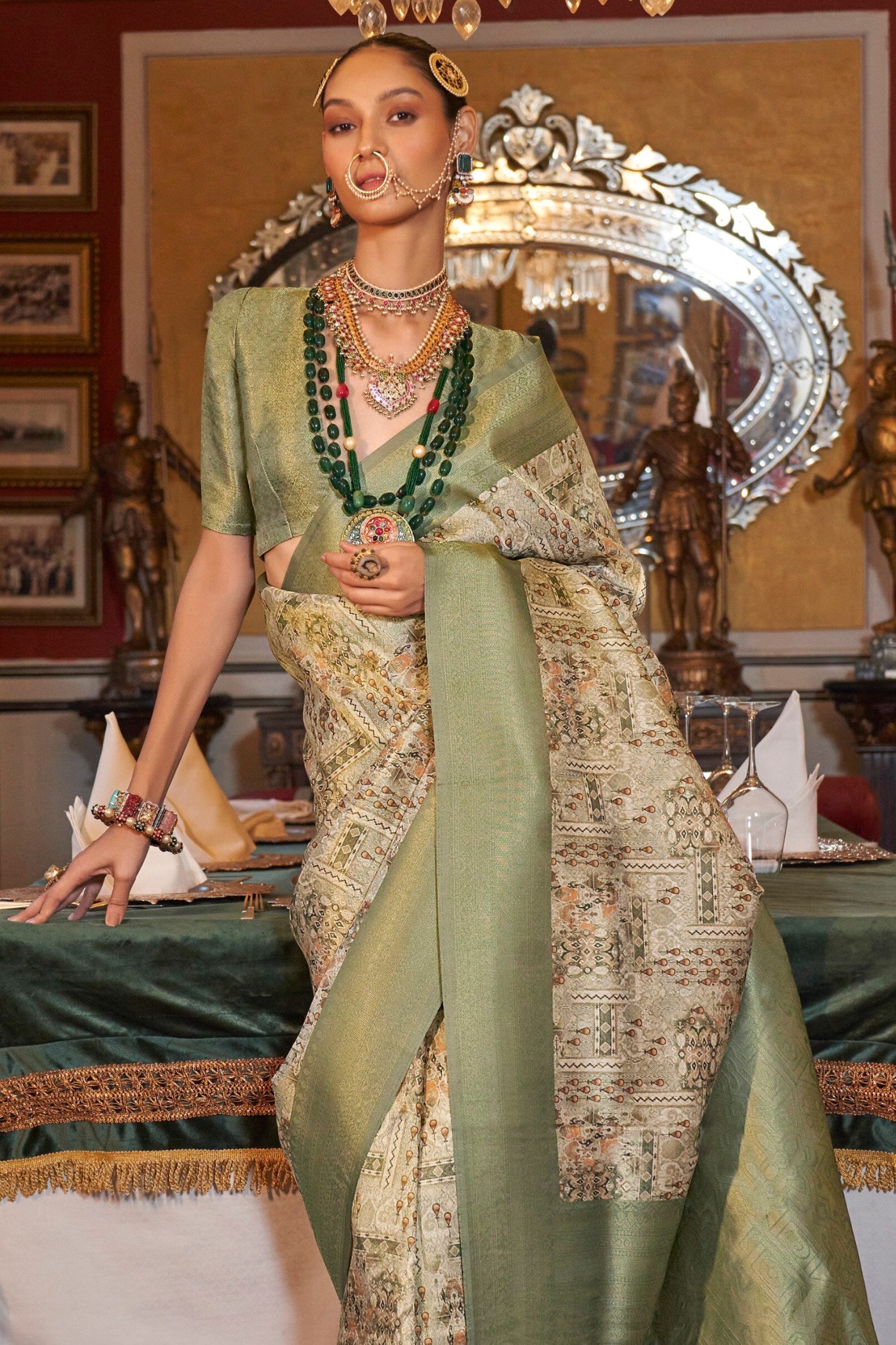 Buy MySilkLove Locust Green Banarasi Digital Printed Saree Online