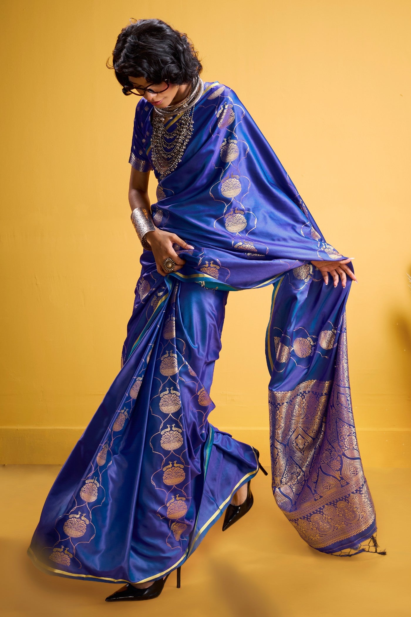 MySilkLove Celtic Blue Handloom Satin Silk Saree