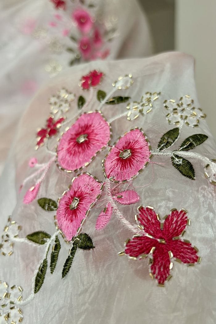 Buy MySilkLove Crystal White Floral Hand Embroidered Crush Tissue Saree Online