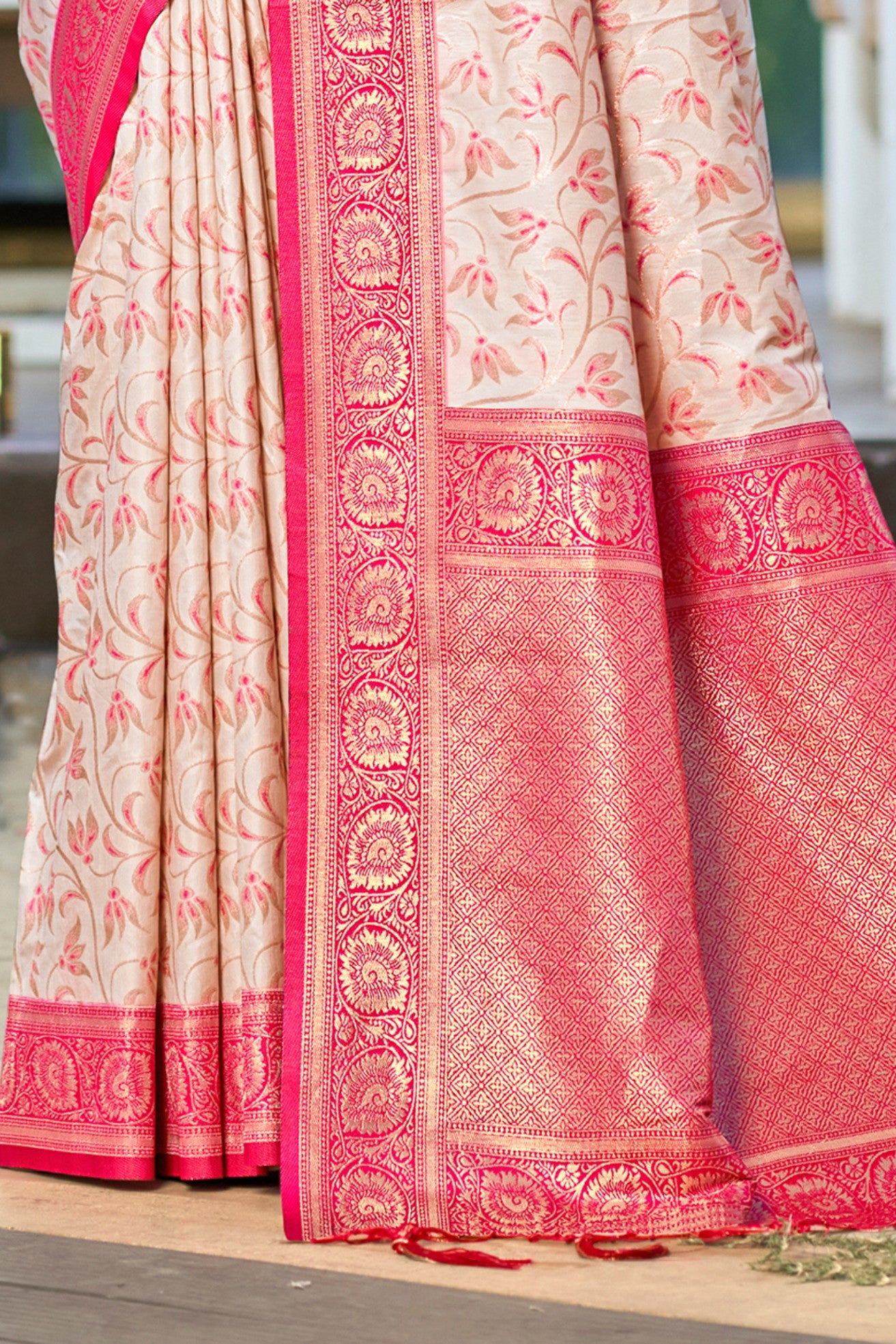 Buy MySilkLove Bright Cream and Pink Woven Banarasi Saree Online