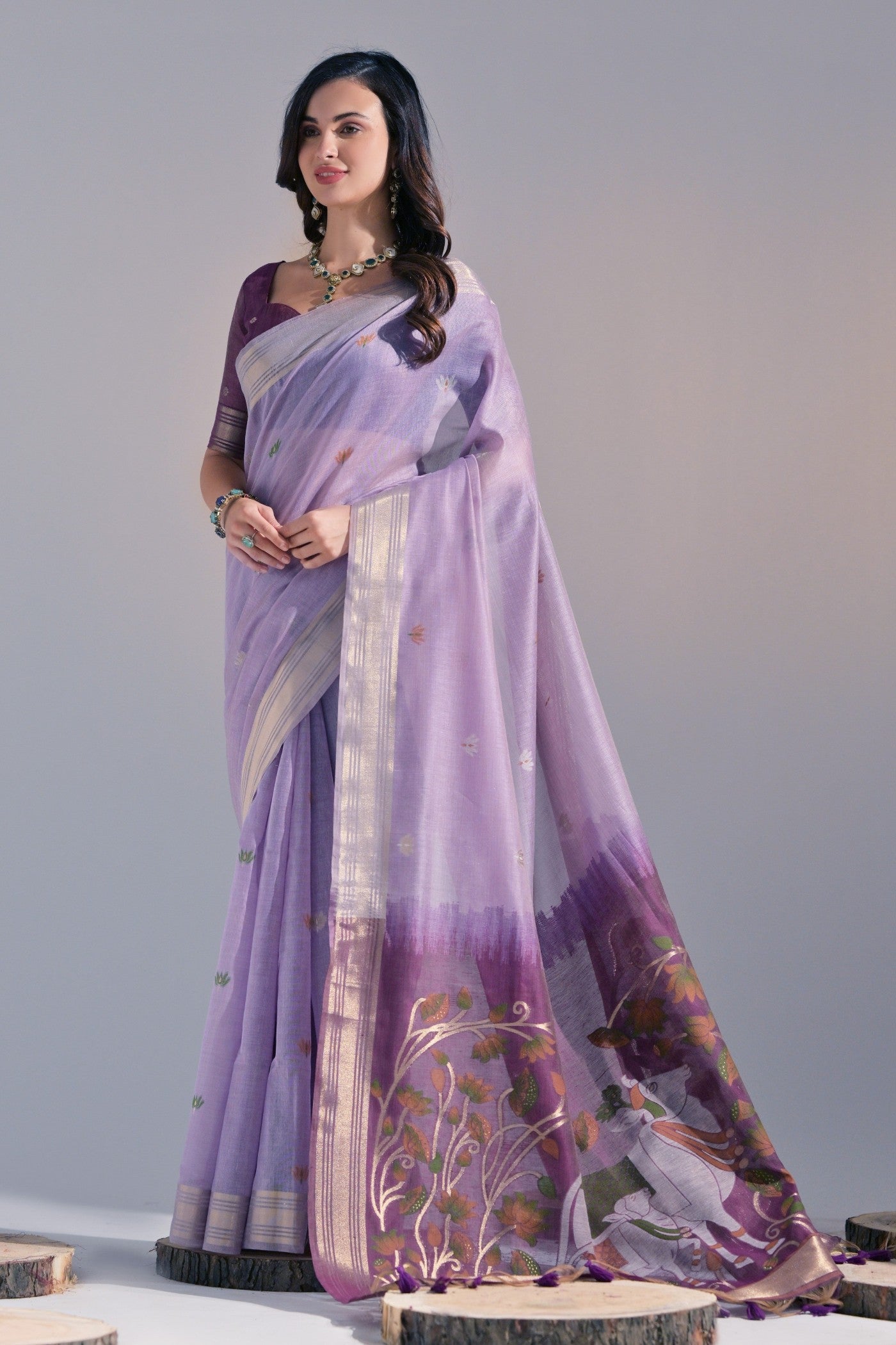 Buy MySilkLove Blossom Purple Woven Muga Cotton Saree Online