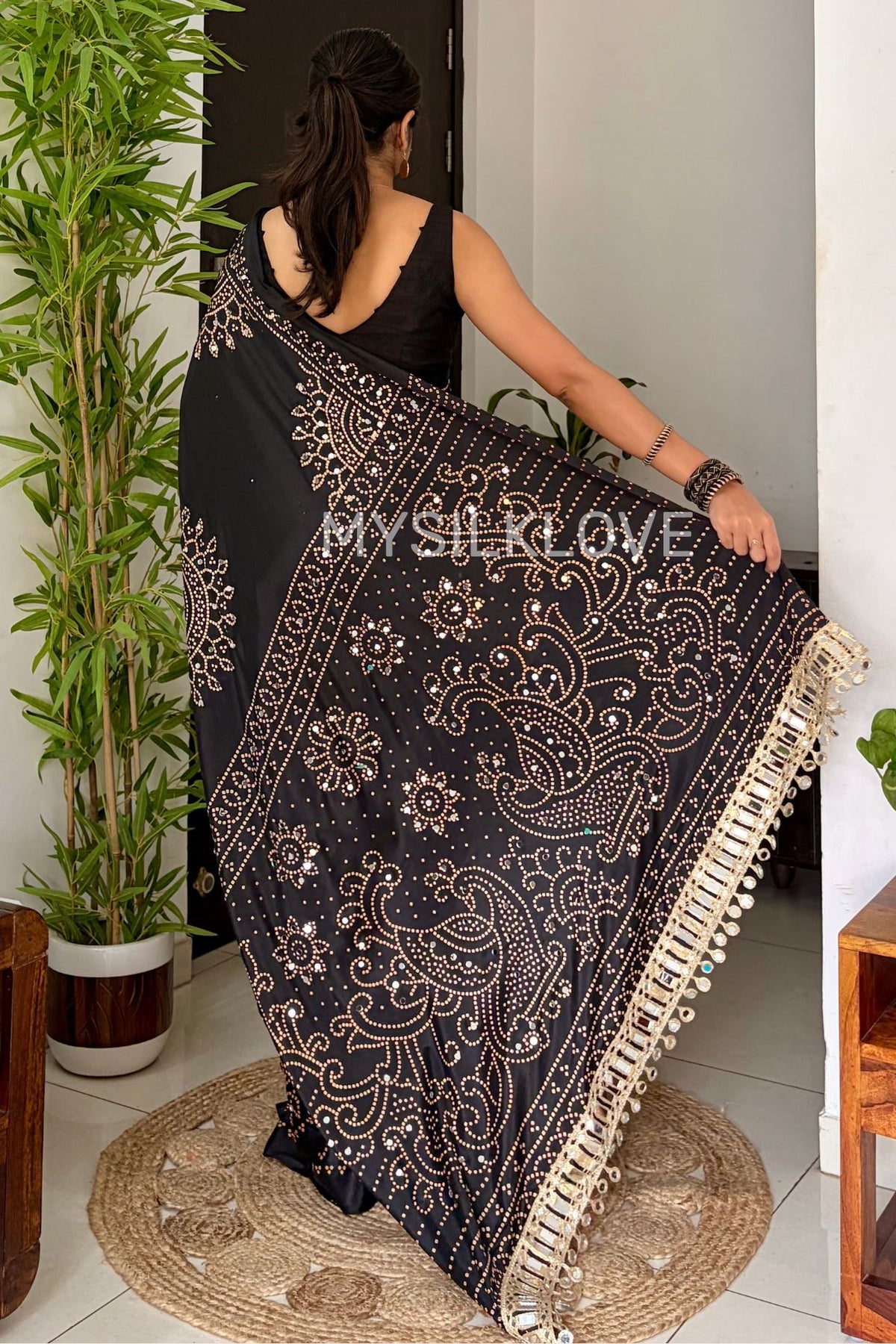 Buy MySilkLove Black Bean Bandhani Gaji Satin Mirror Work Silk Crepe Saree Online