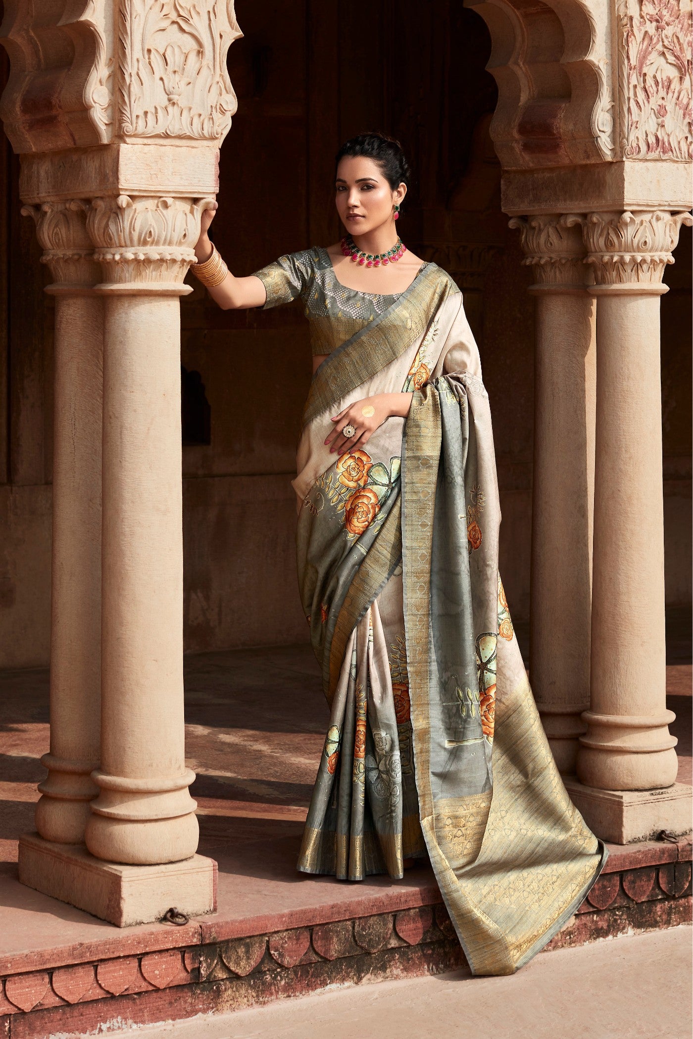 Buy MySilkLove Mim Grey Banarasi Handloom Saree Online