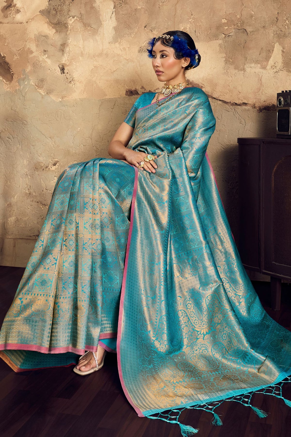 Buy MySilkLove Cornflower Blue Kanjivaram Handloom Saree Online