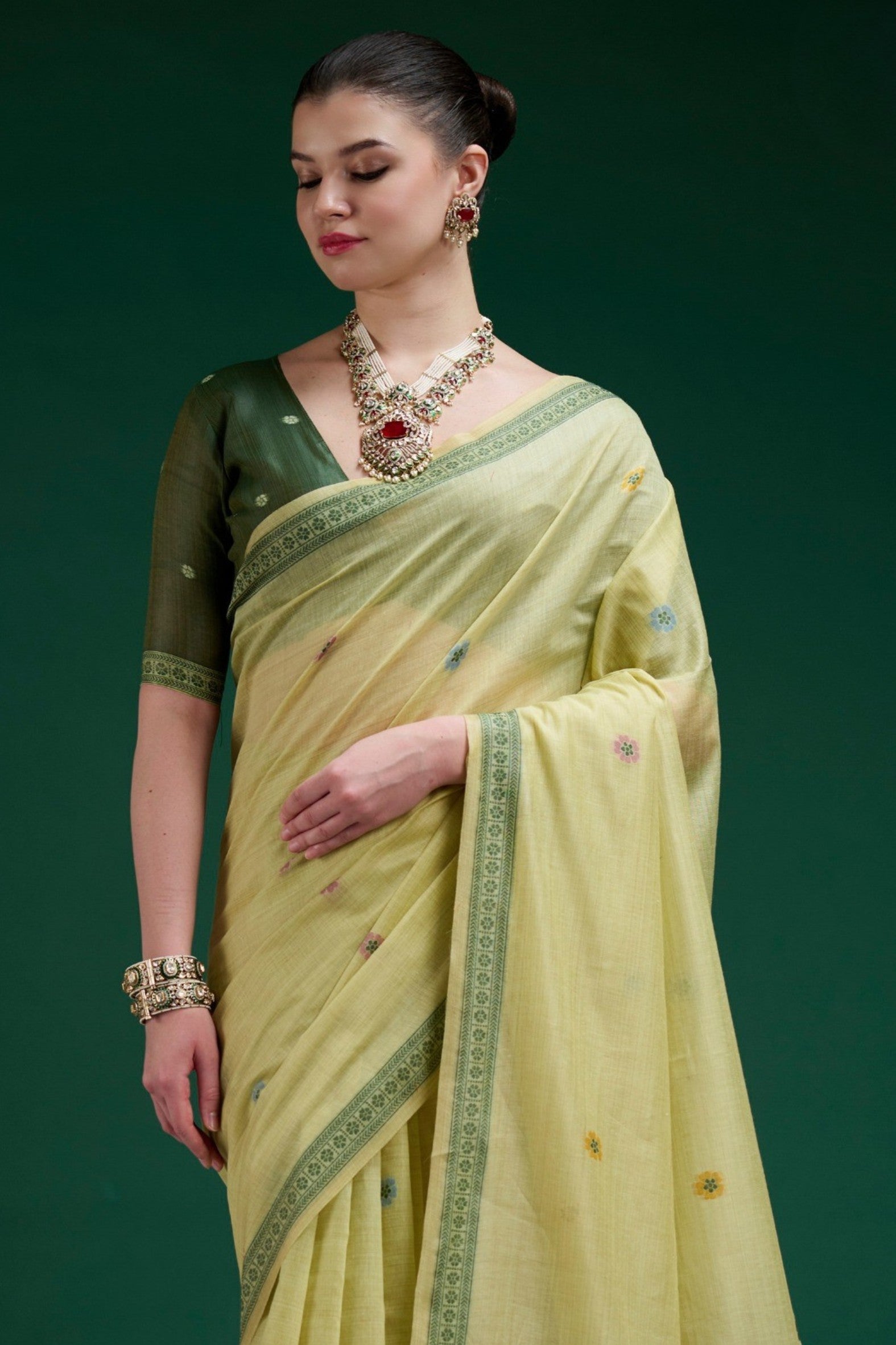 Buy MySilkLove Olive Green Jamdani Woven Muga Cotton Saree Online