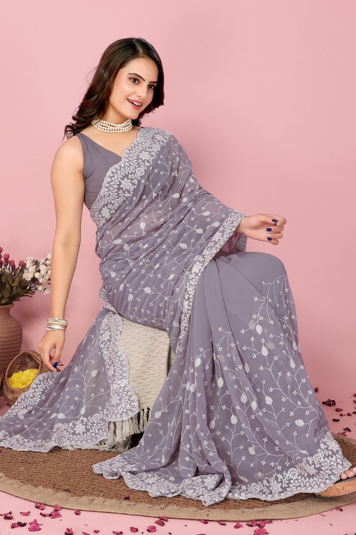 Buy MySilkLove Mountain Mist Grey Georgette Embroidered Silk Saree Online