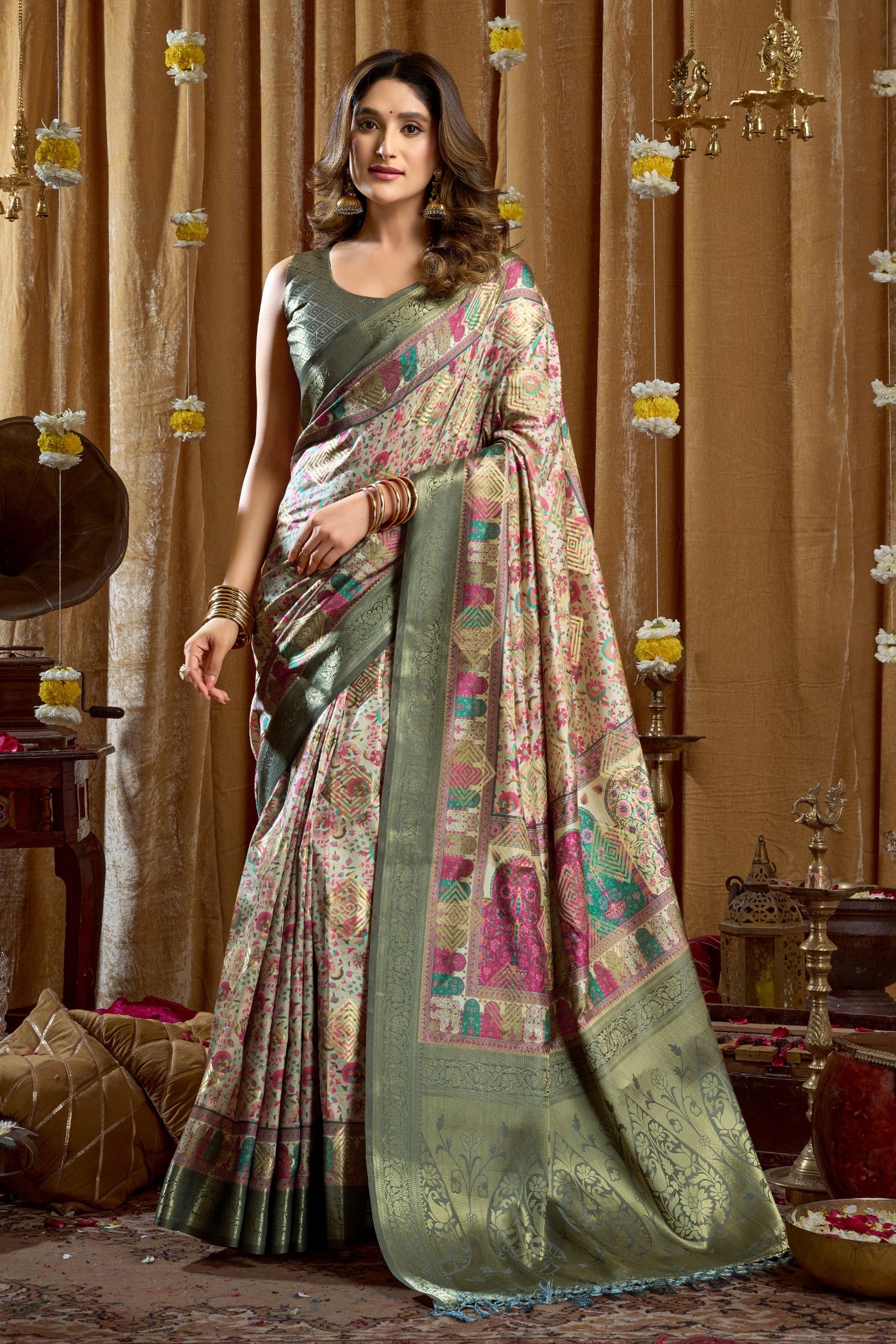 Buy MySilkLove Porcelain Cream and Green Digital Printed Banarasi Saree Online