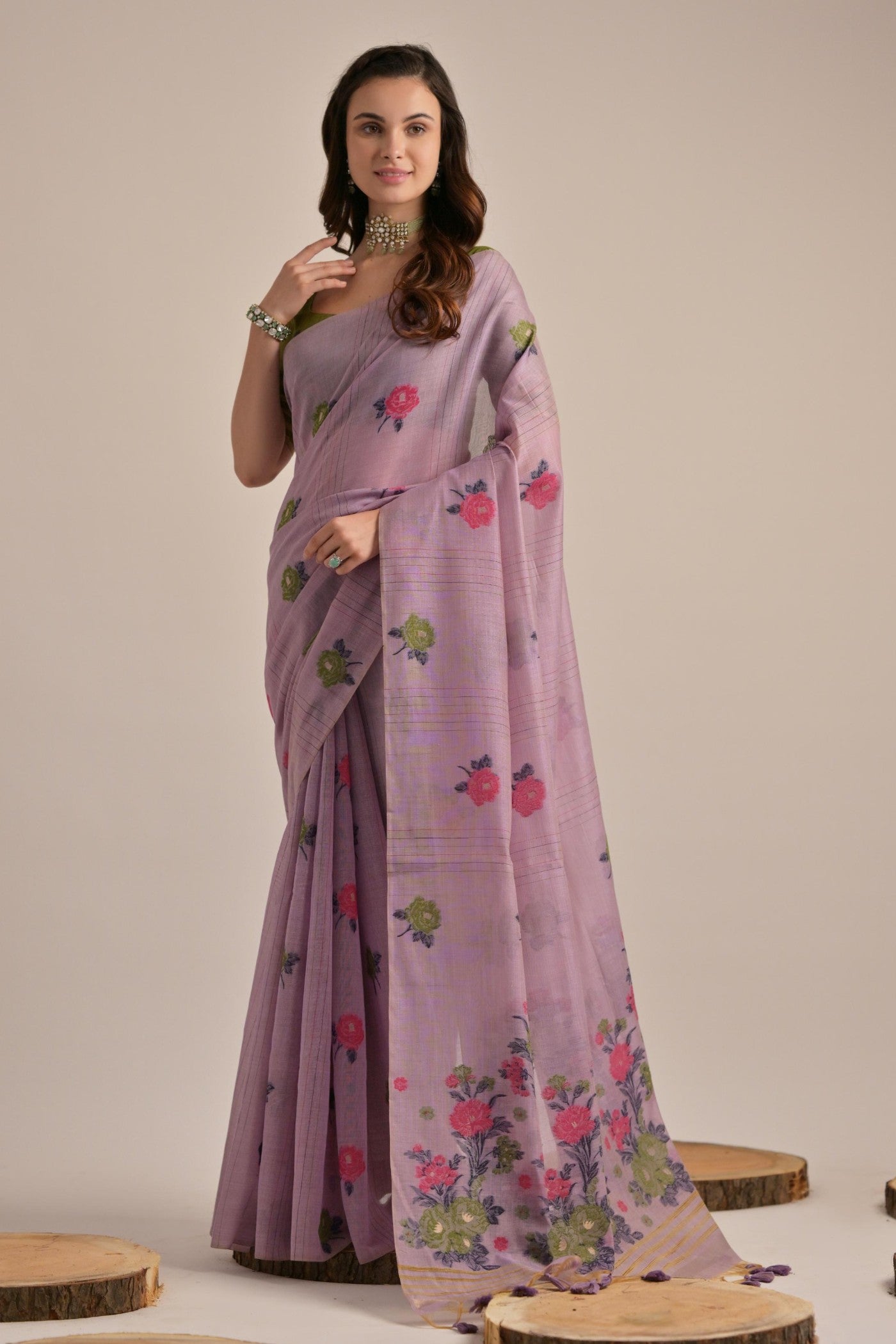 Buy MySilkLove African Lavender Floral Woven Muga Cotton Saree Online