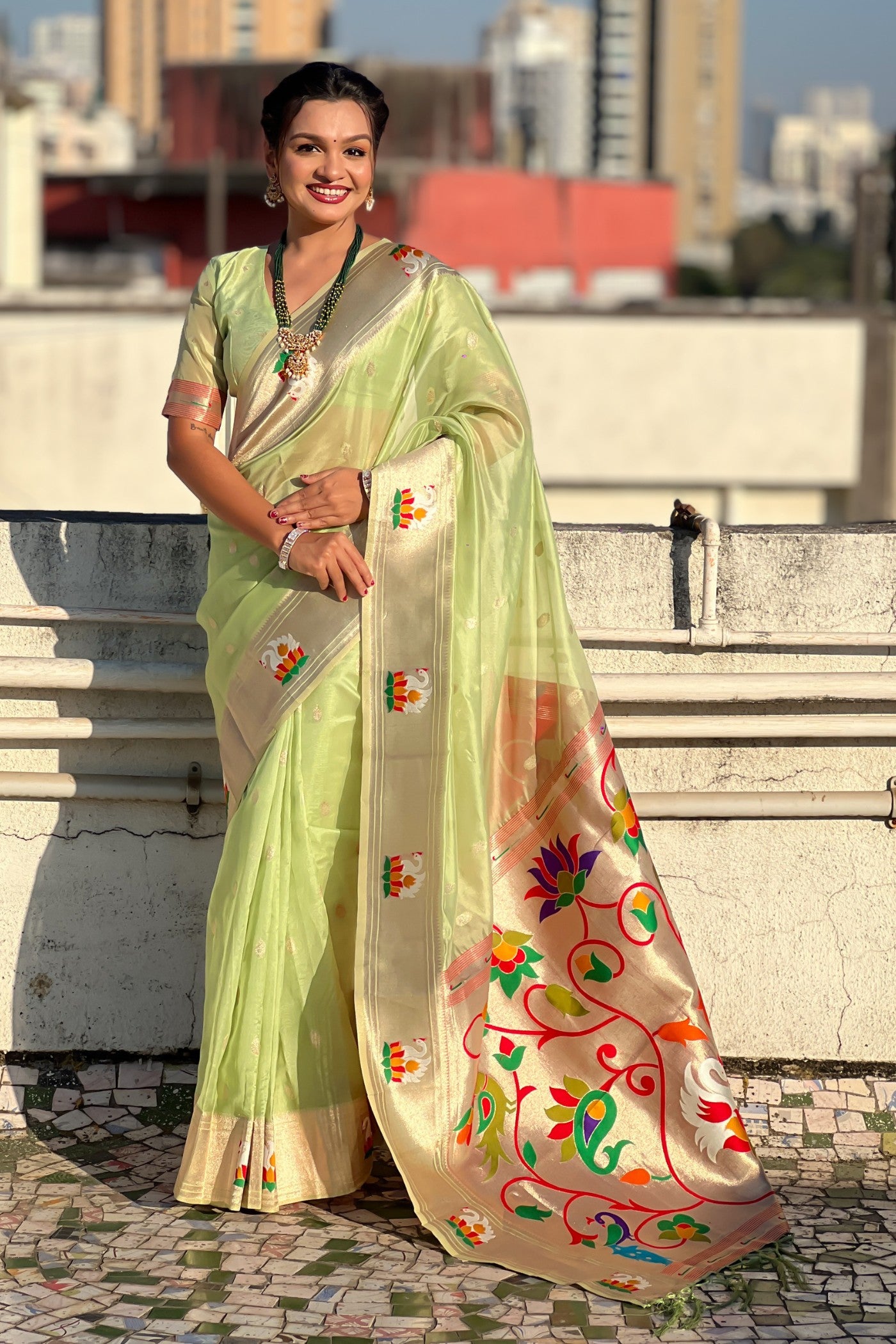 Buy MySilkLove Parrot Green Organza Woven Paithani Saree Online