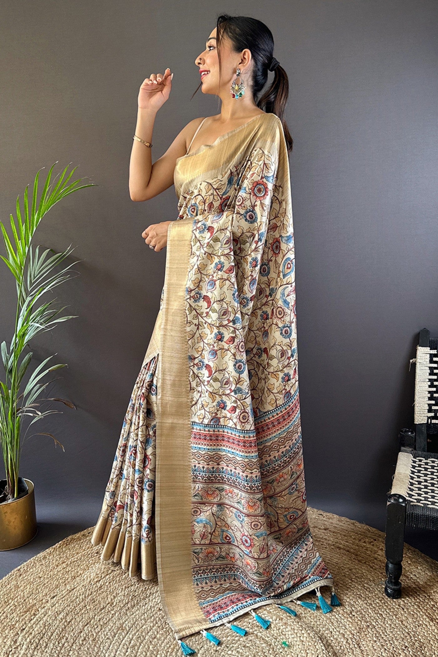 Buy MySilkLove Twine Cream and Grey Printed Tussar Silk Saree Online