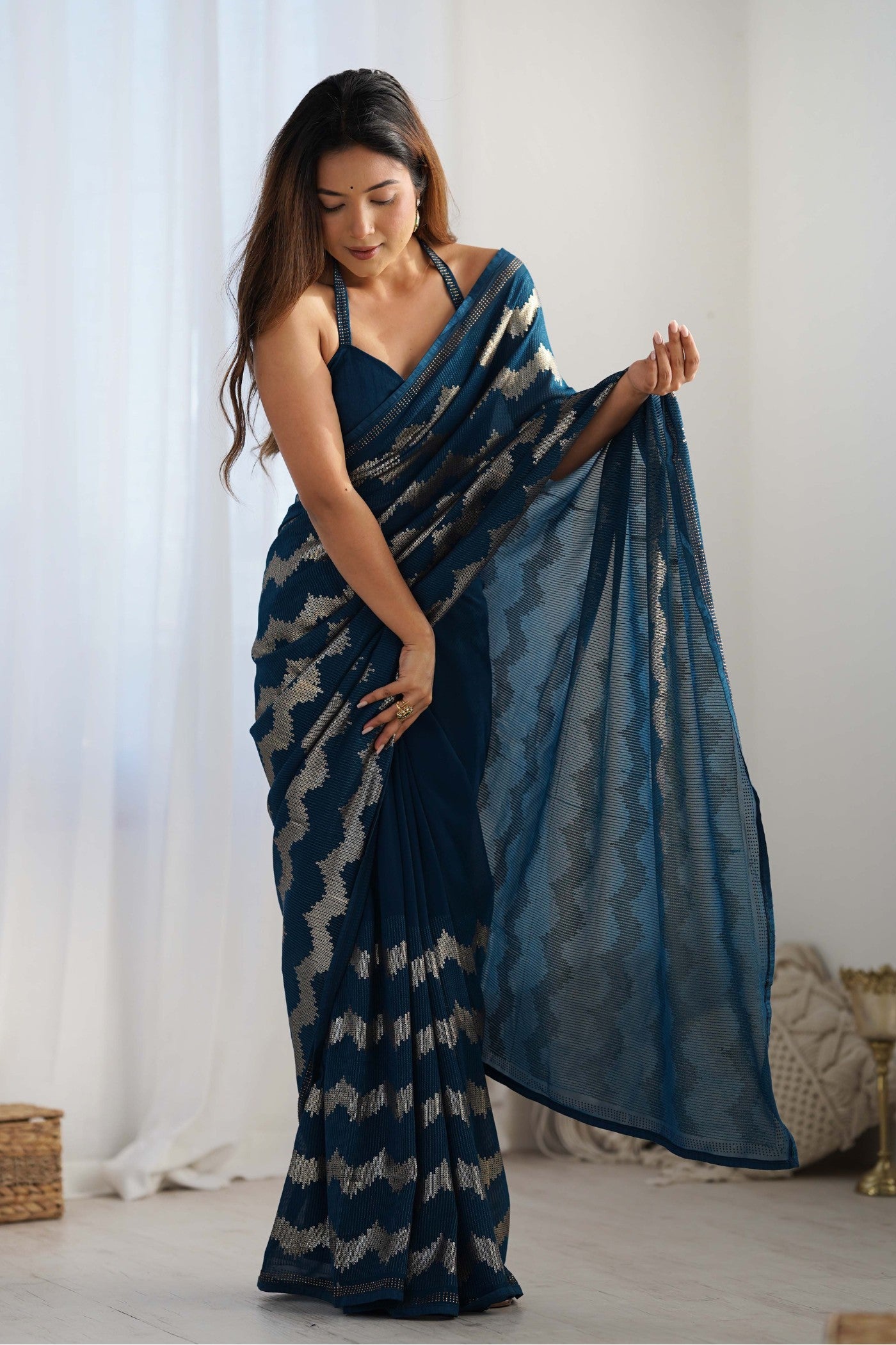 Buy MySilkLove Indigo Blue Embroidered Partywear Saree Online