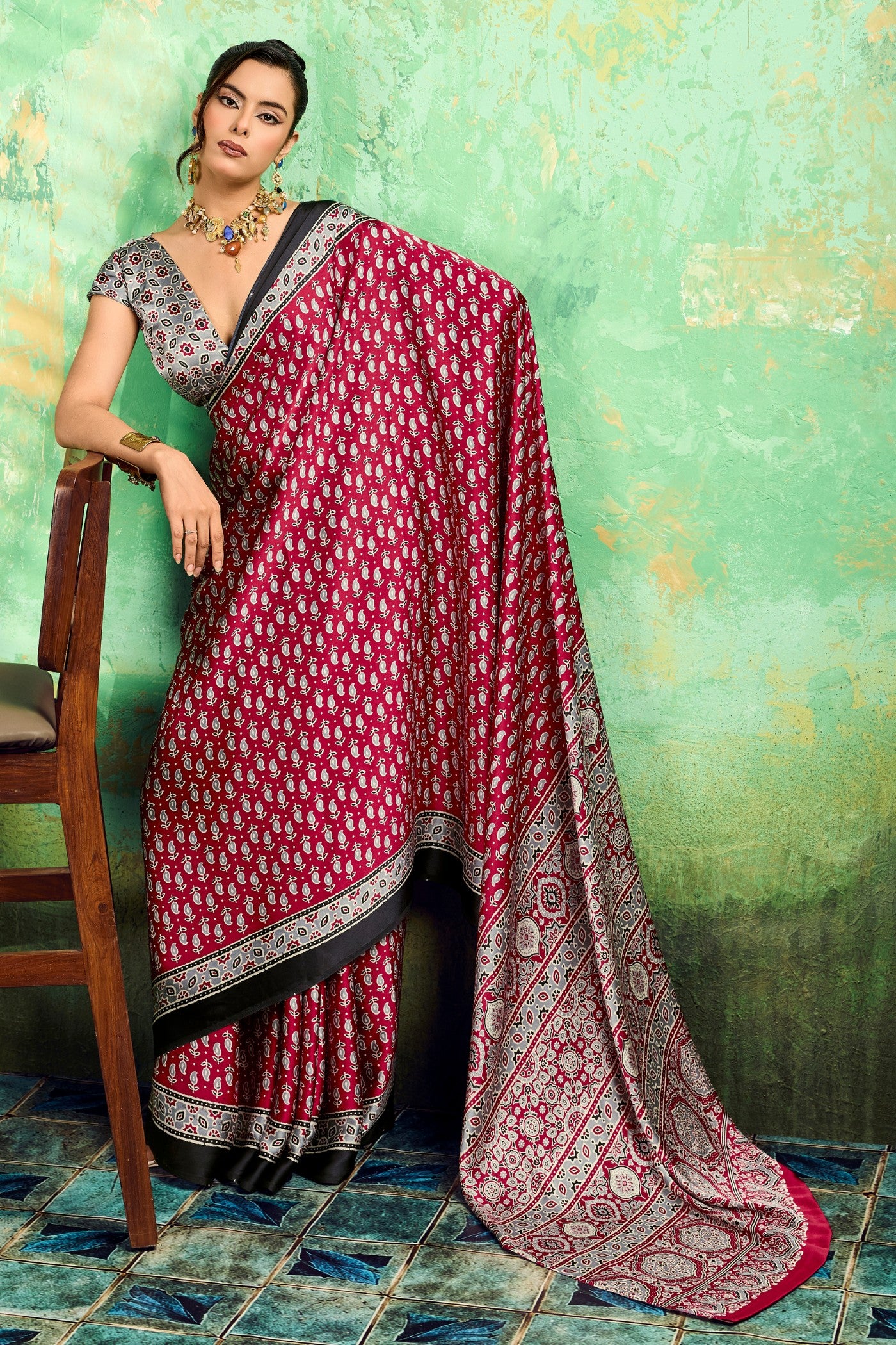 Buy MySilkLove Batorange Red Modal Ajrakh Satin Printed Silk Saree Online