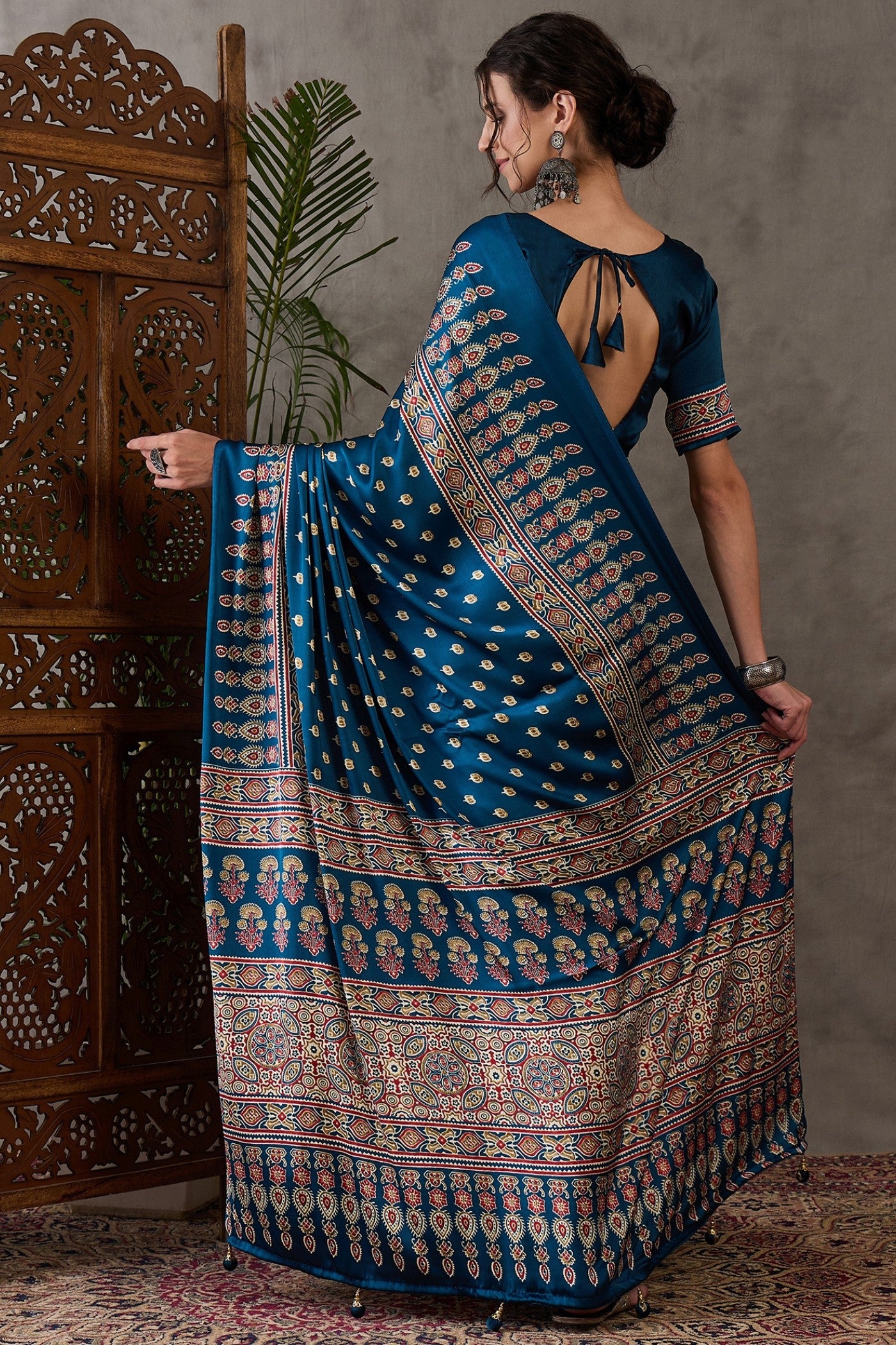 Buy MySilkLove James Blue Printed Satin Gaji Silk Saree Online