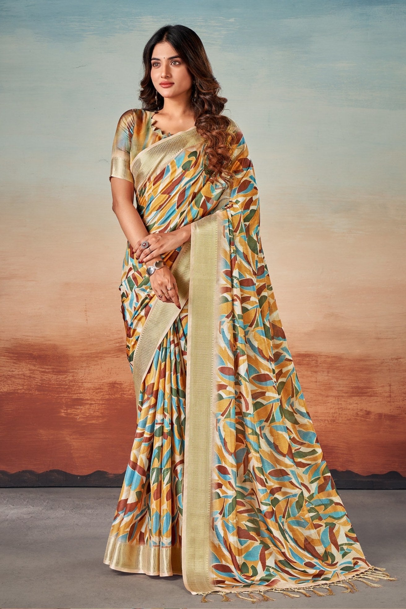 Buy MySilkLove Beige Banarasi Digital Printed Saree Online