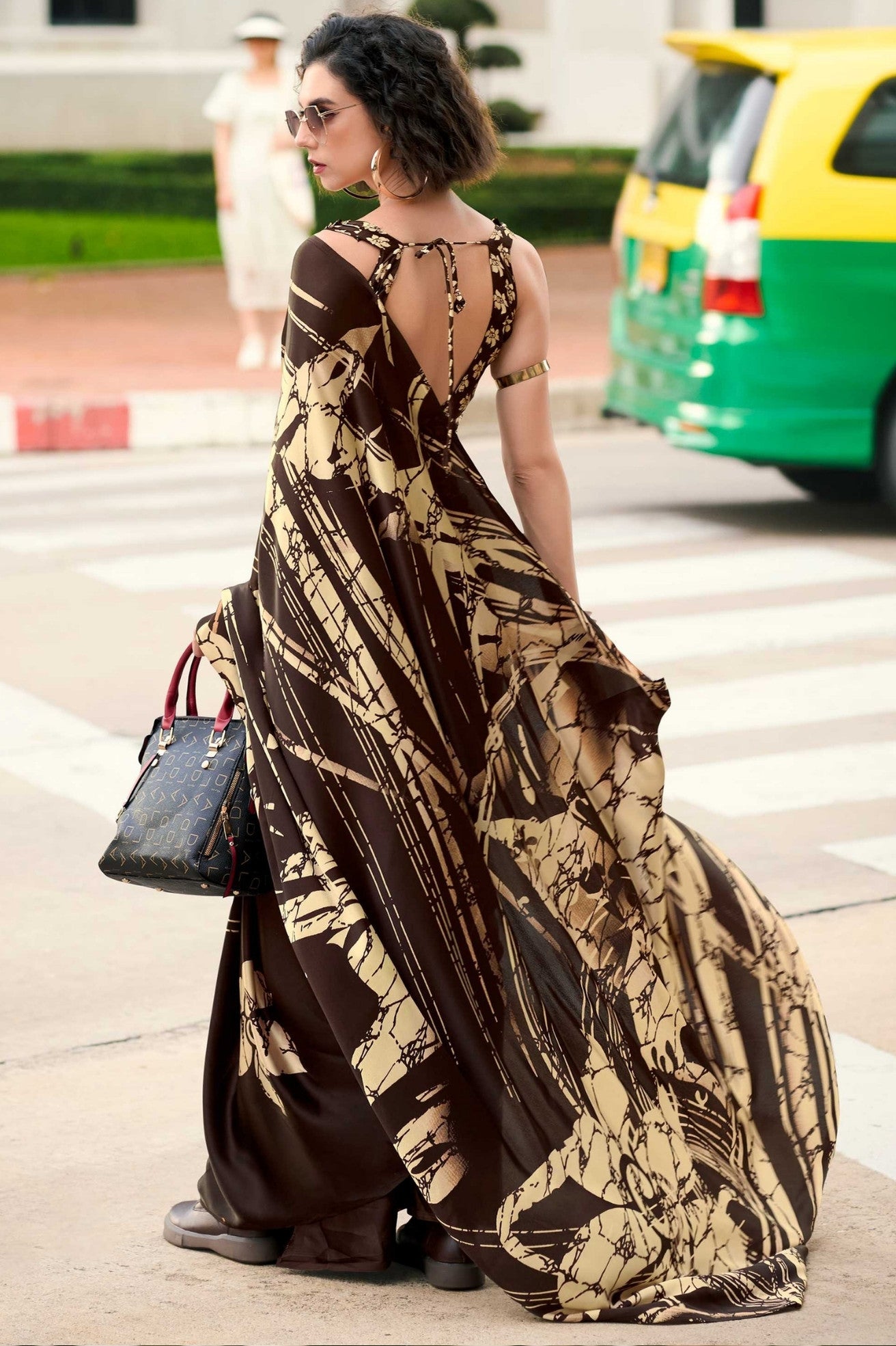 Buy MySilkLove Cold Coffe Brown Printed Satin Crepe Saree Online