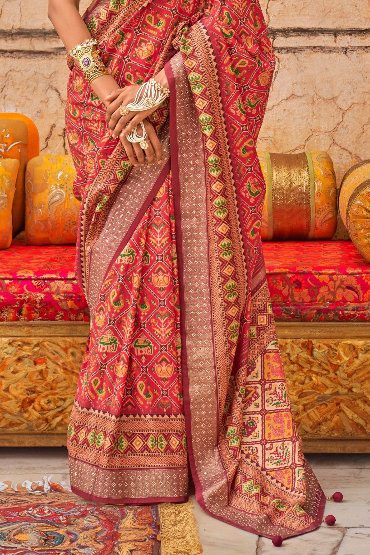 Buy MySilkLove Yam Orange Printed Patola Saree Online